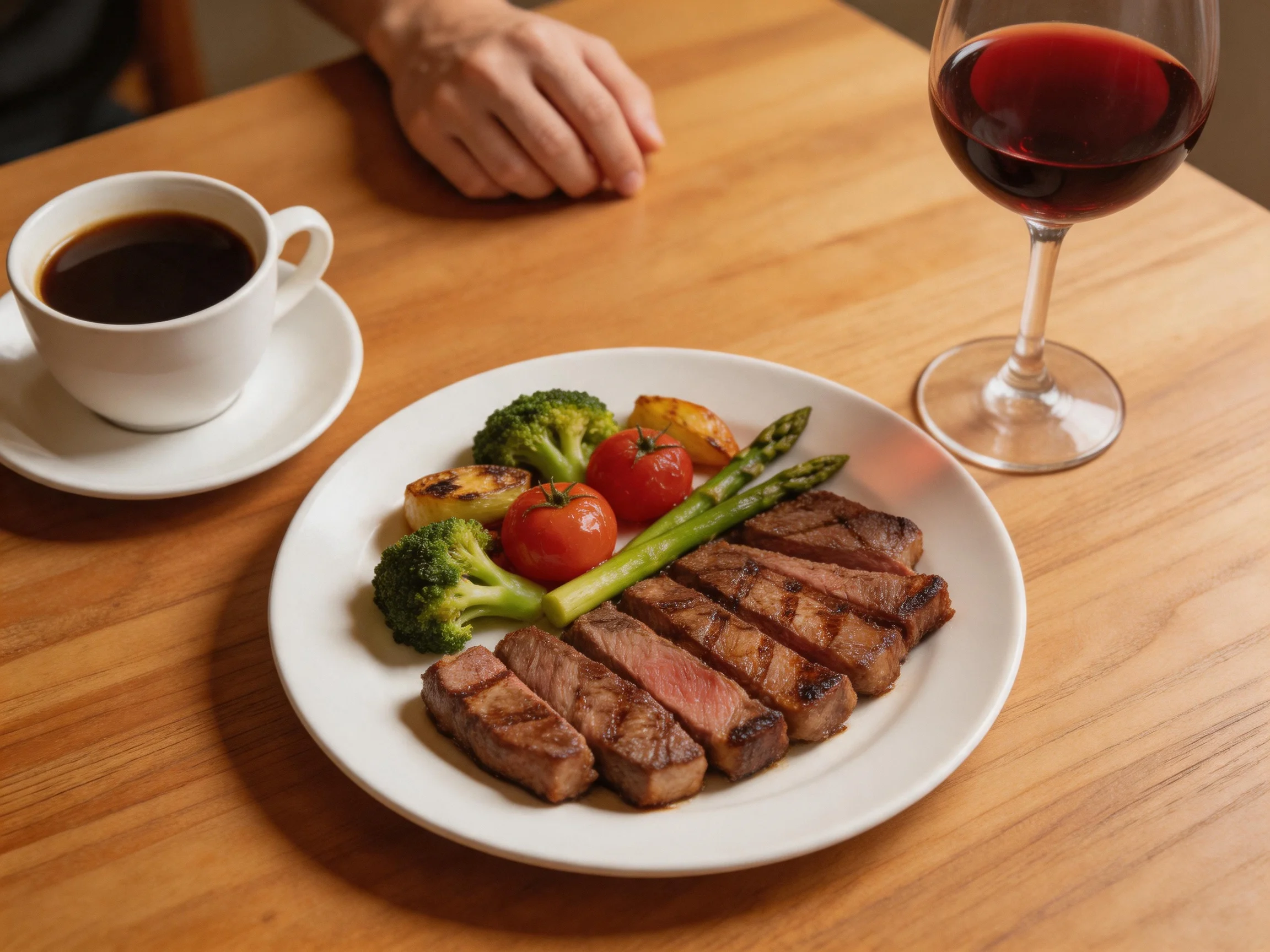 A plate of grilled steak with broccoli, tomatoes, and red wine alongside coffee