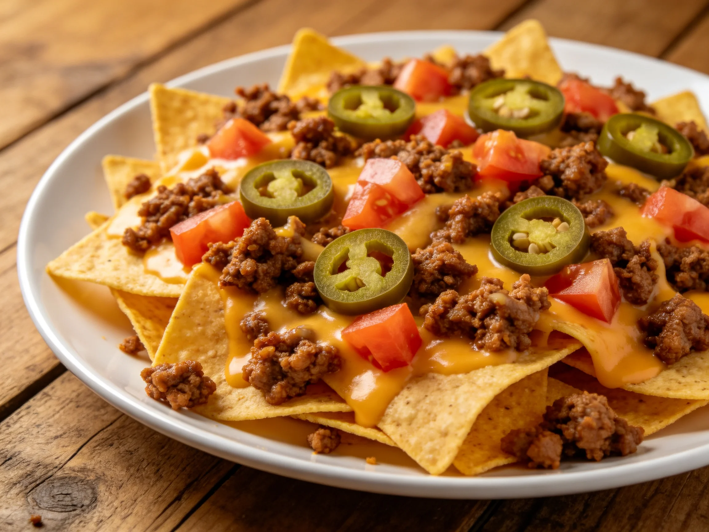 A plate of loaded nachos topped with melted cheese, jalapenos, and ground beef