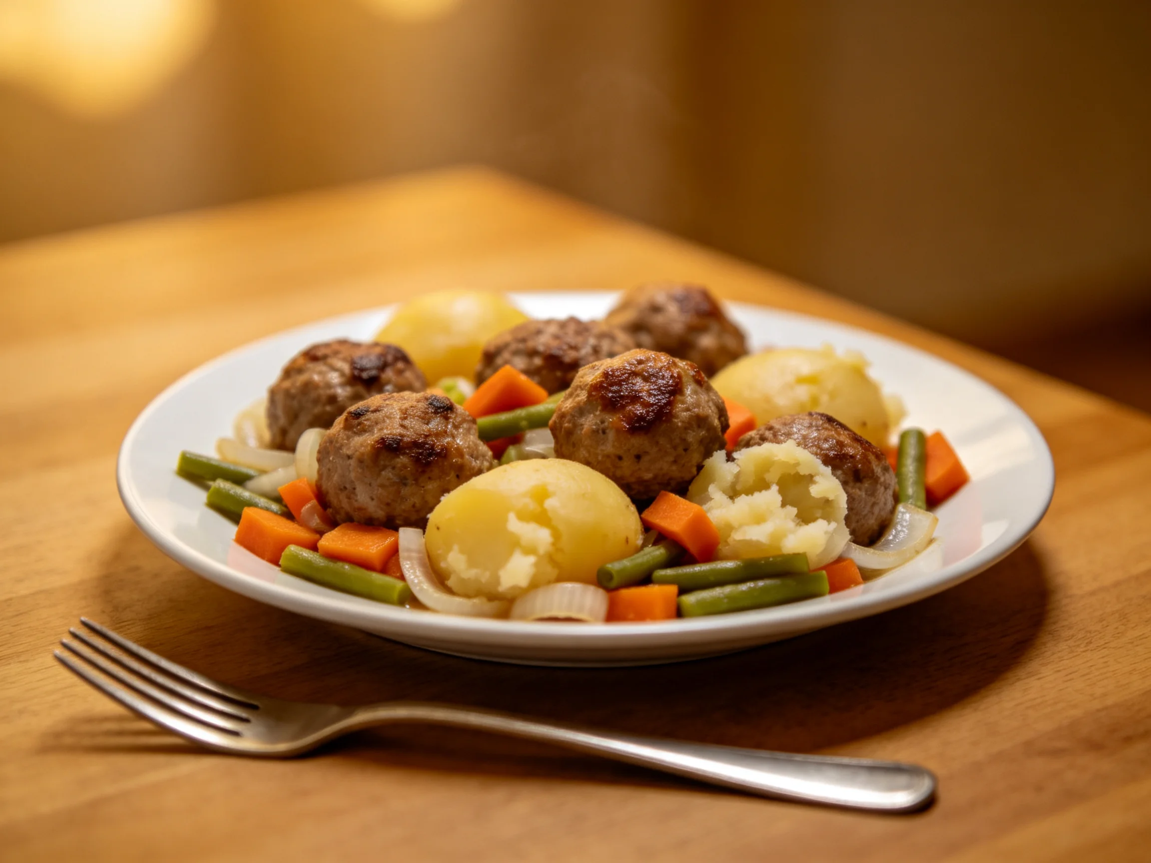 A plate of meatballs, boiled potatoes, and mixed vegetables on a wooden table