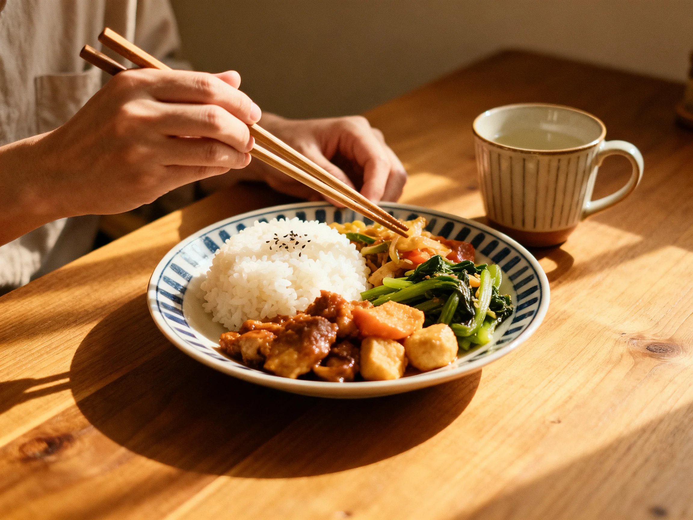 A plate of mixed Asian dishes with white rice and greens