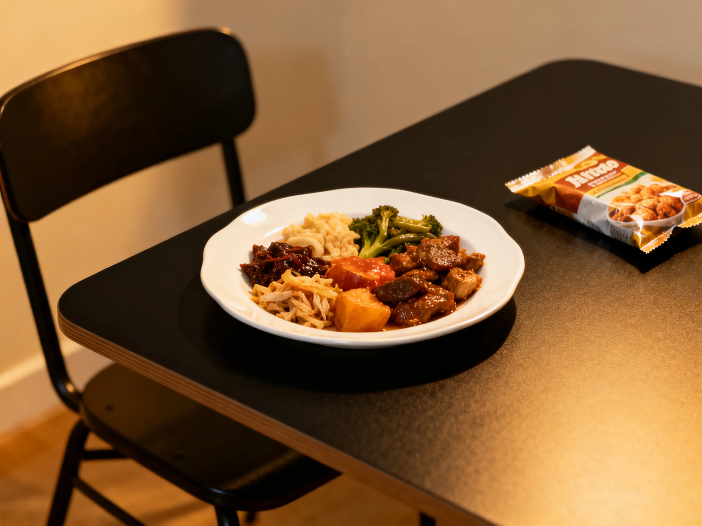 A plate of mixed foods rests on a black table with a snack packet nearby