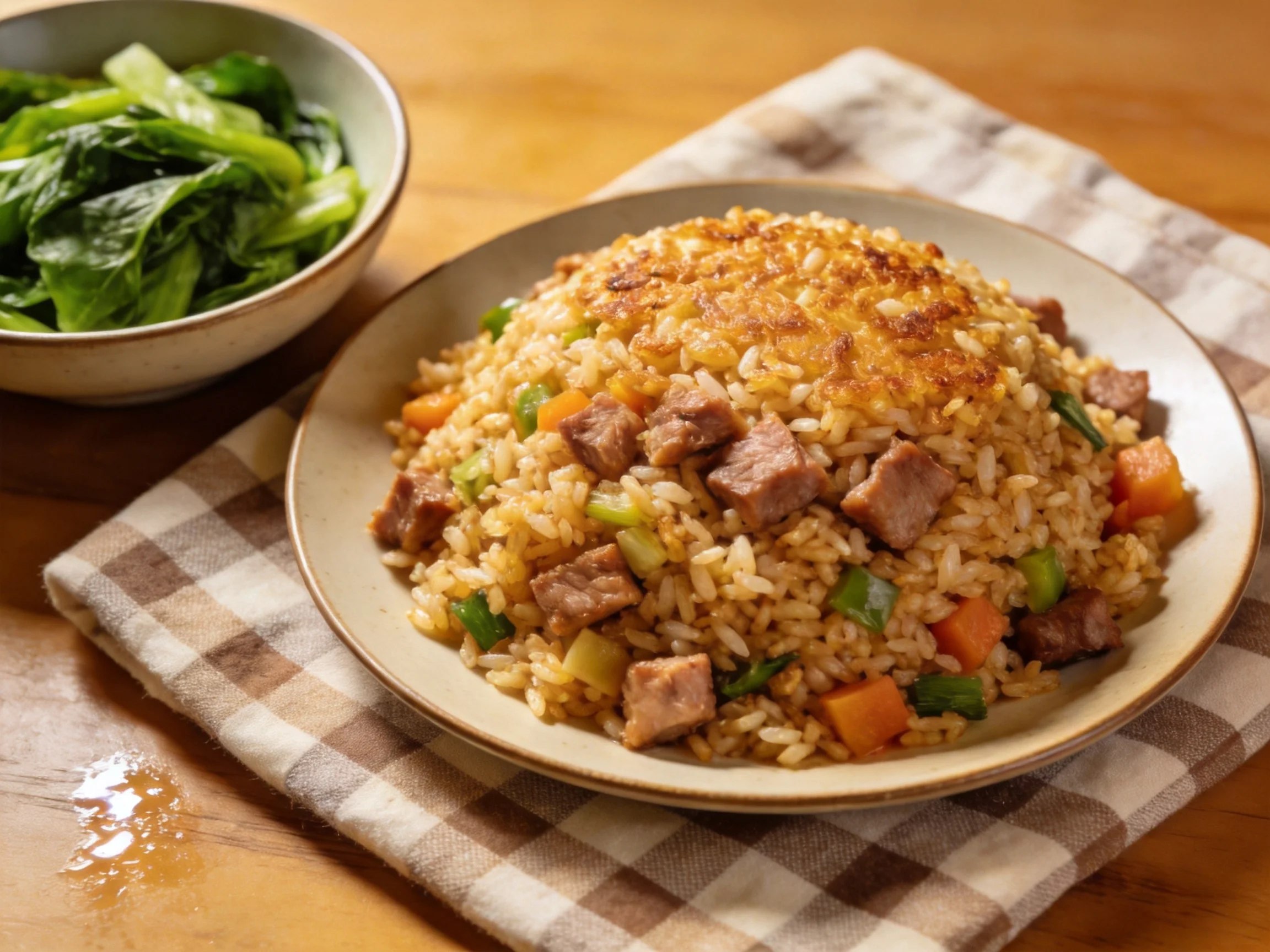 A plate of mixed fried rice with meat and vegetables next to a bowlof greens