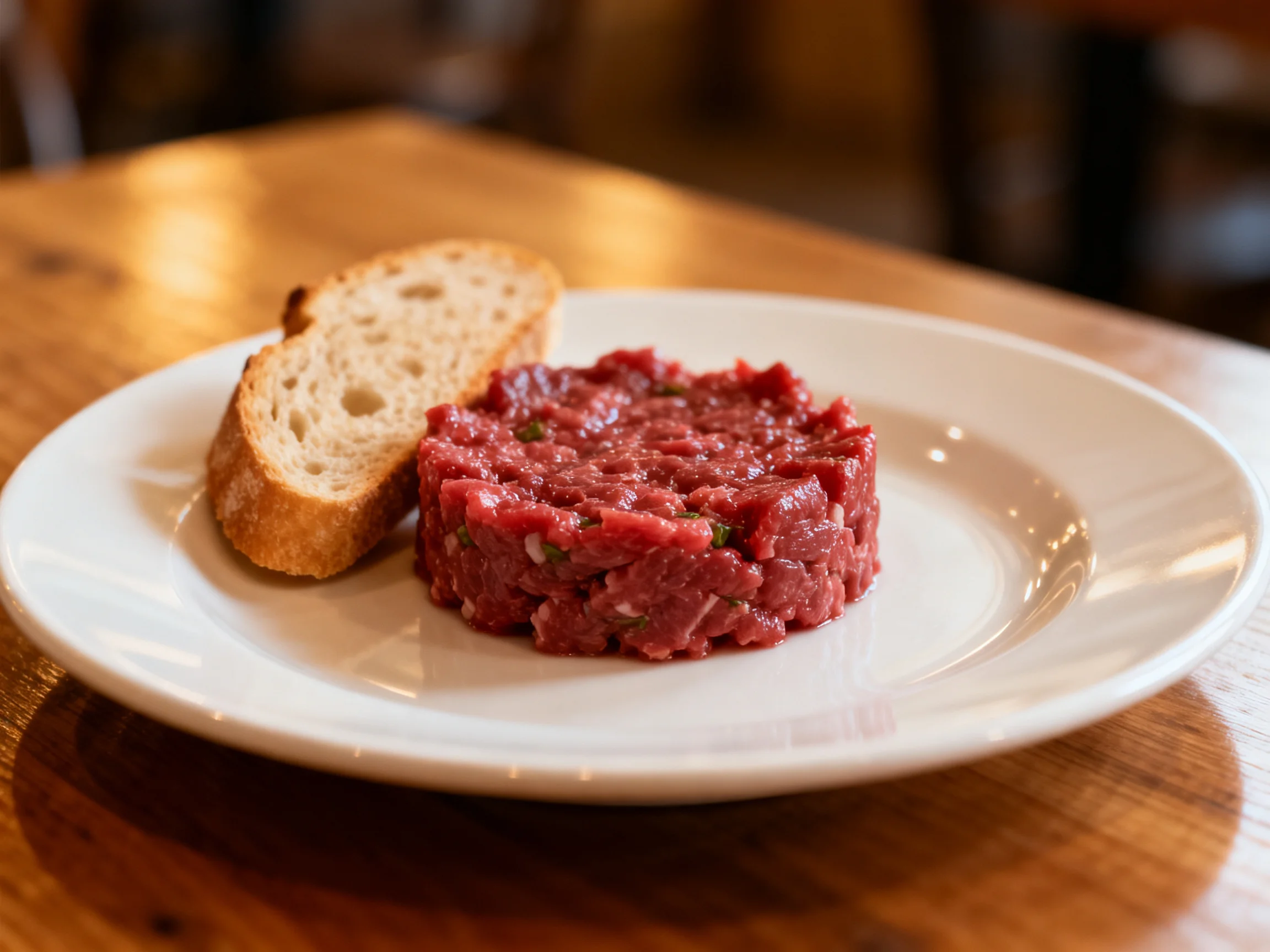 A plate of raw red beef tartare with a slice of crusty bread