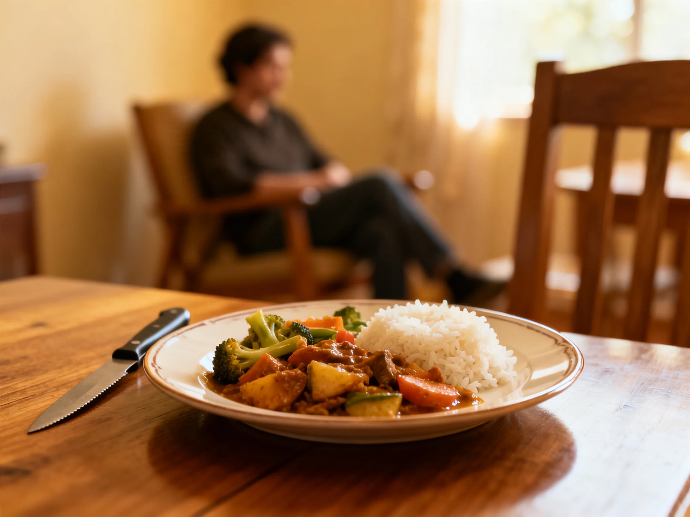 A plate of rice and mixed vegetables on a wooden table with a seated individual