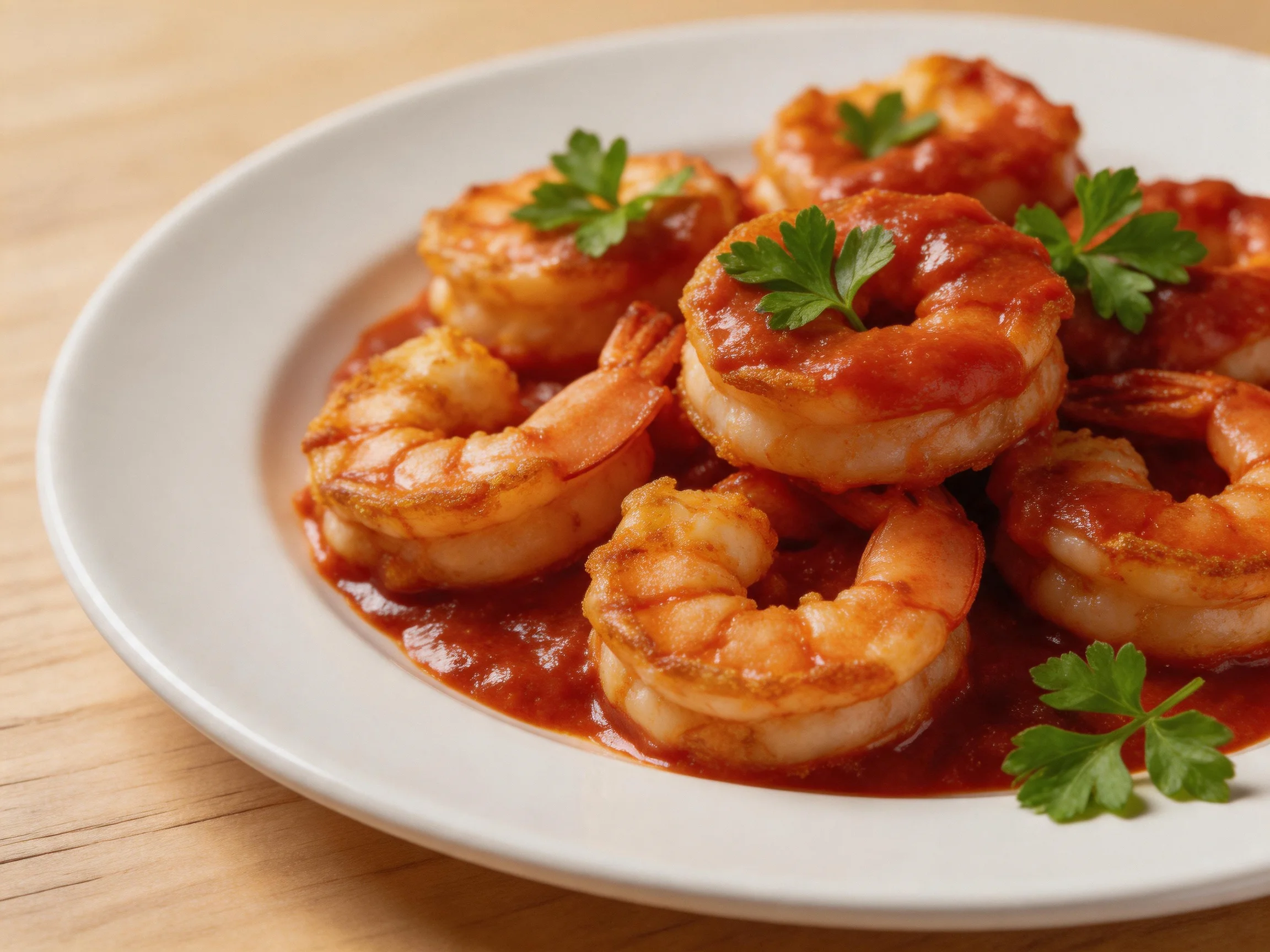 A plate of saucy shrimp with tomato sauce and parsley