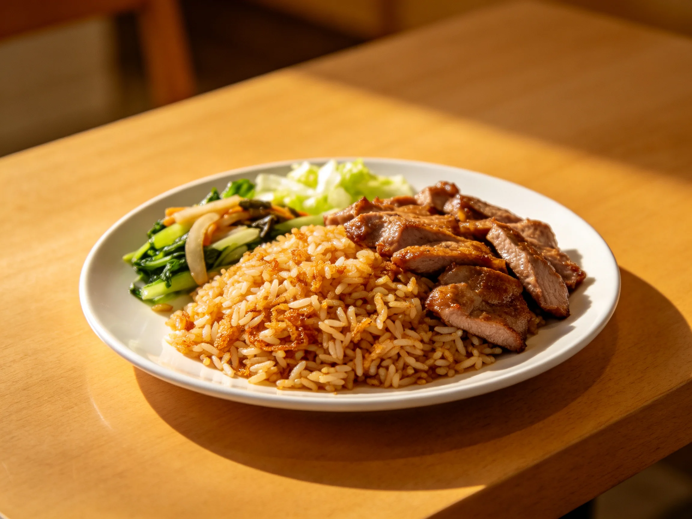 A plate of savory fried rice, grilled meat, and greens on a wooden table