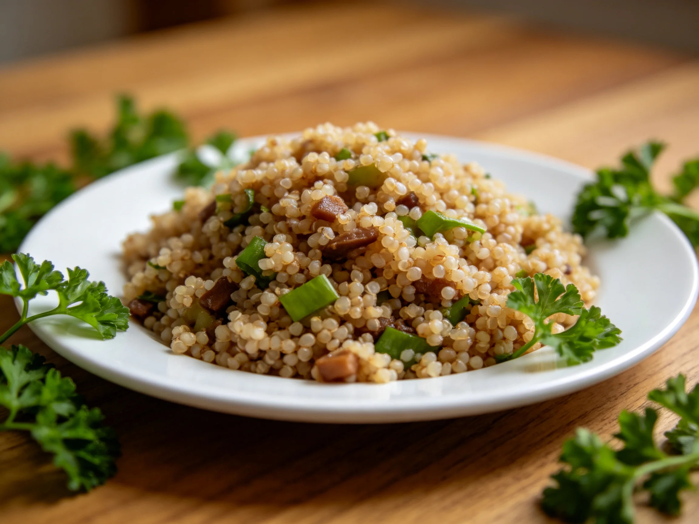 A plate of savory quinoa mixed with vegetables and fresh herbs