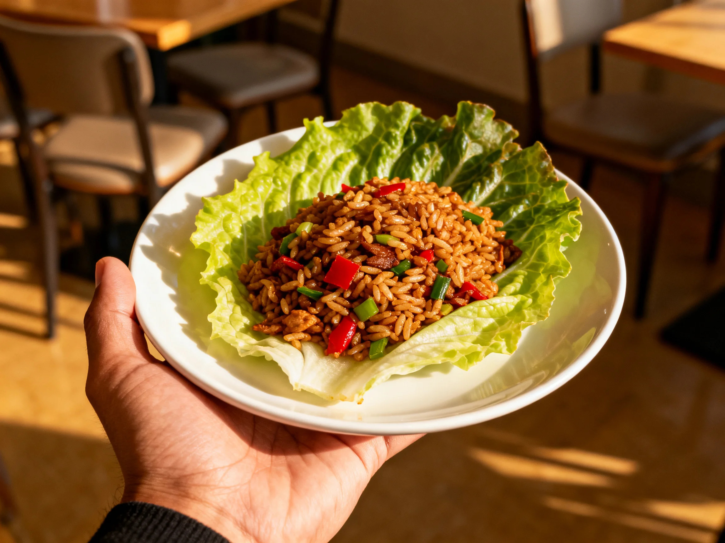 A plate of seasoned fried rice served on crisp lettuce leaves