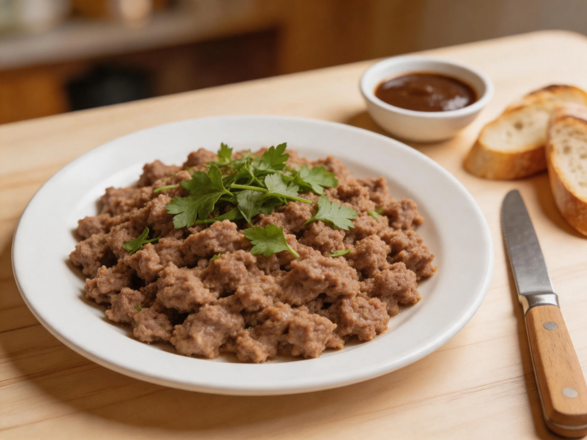 A plate of seasoned ground meat garnished with fresh herbs, bread, and sauce
