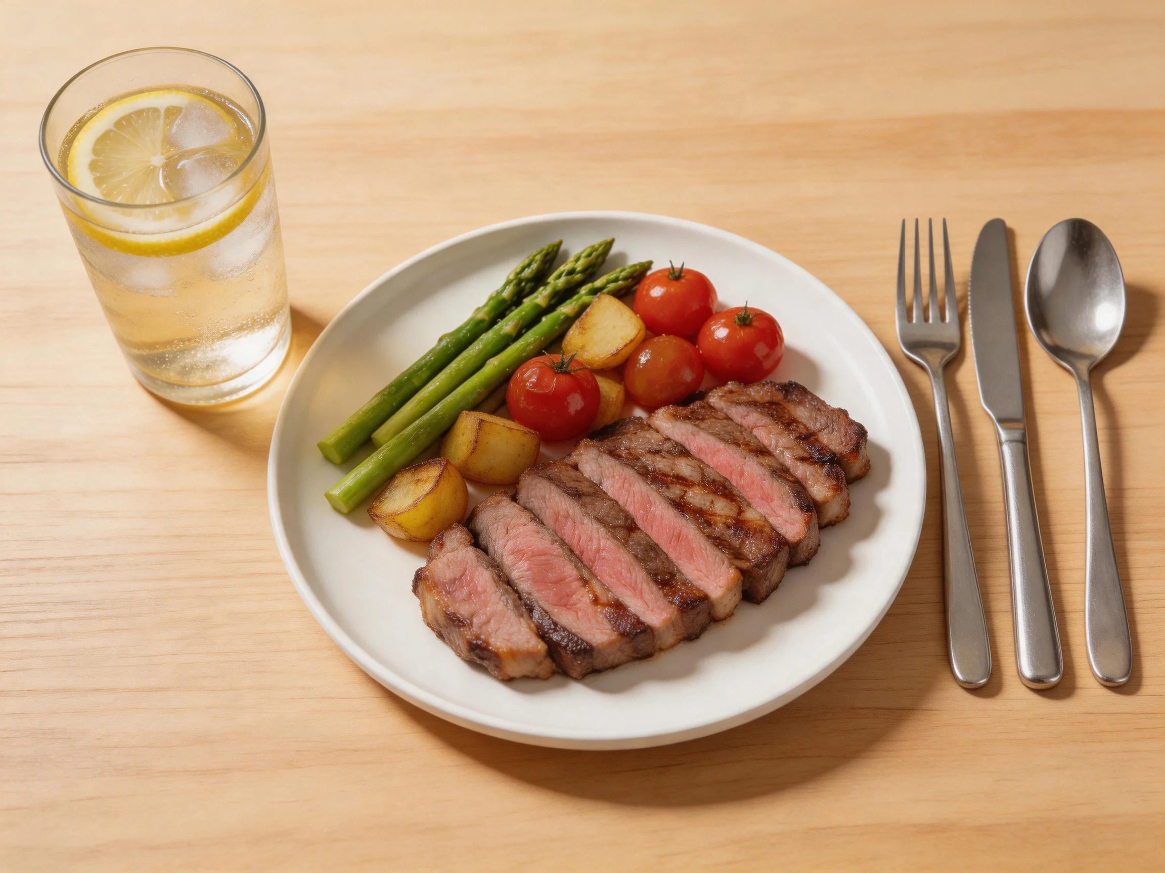 A plate of sliced grilled steak with vegetables and a lemon water glass
