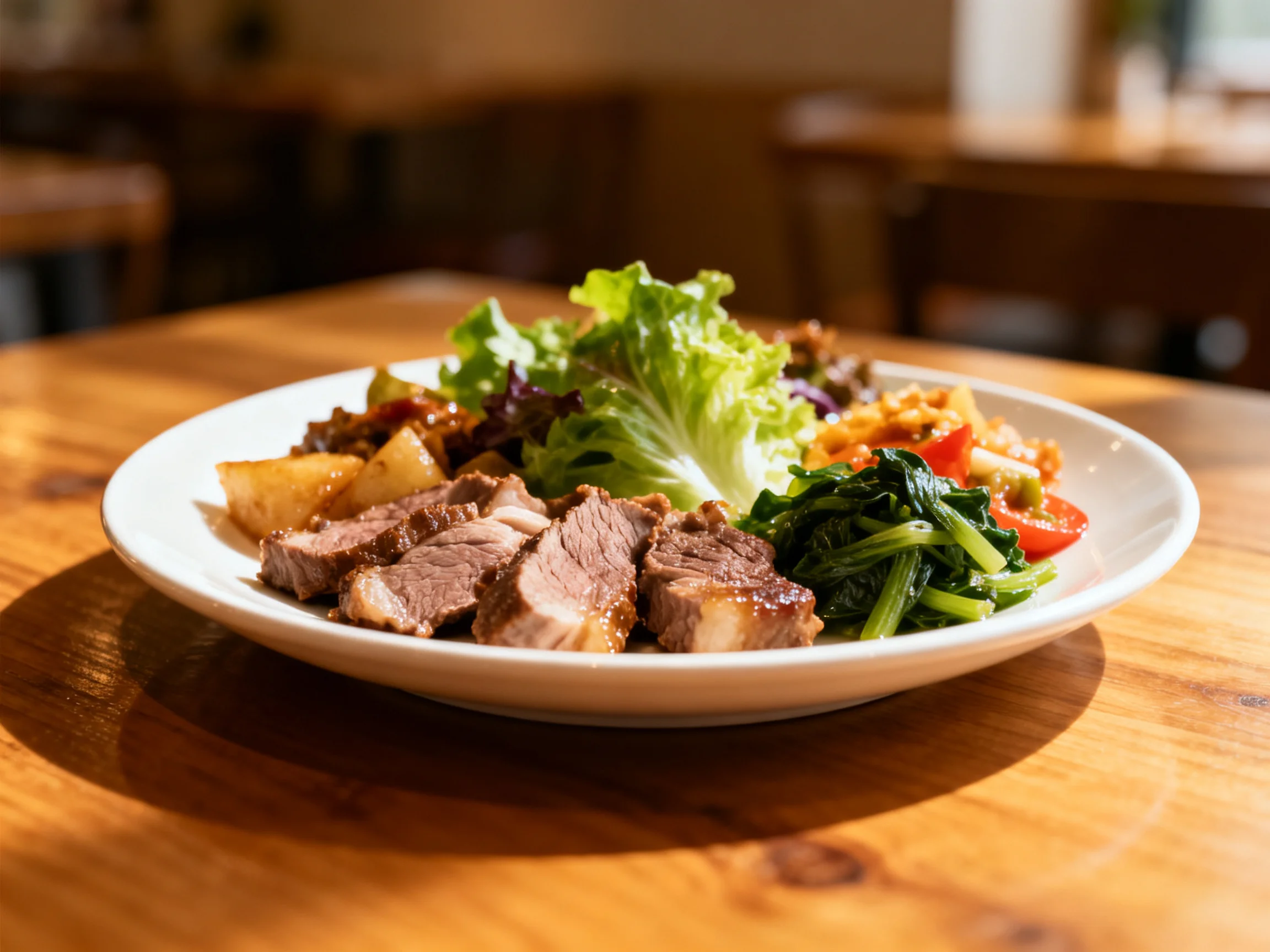 A plate of sliced roasted meat, fresh greens, and roasted potatoes on a wooden table