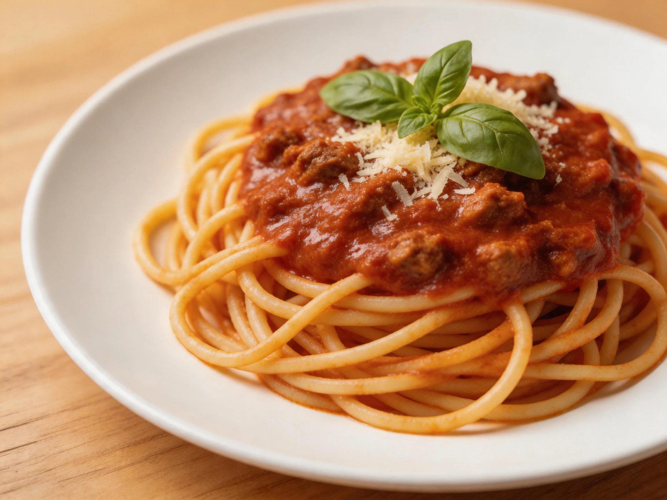 A plate of spaghetti Bolognese garnished with basil and cheese