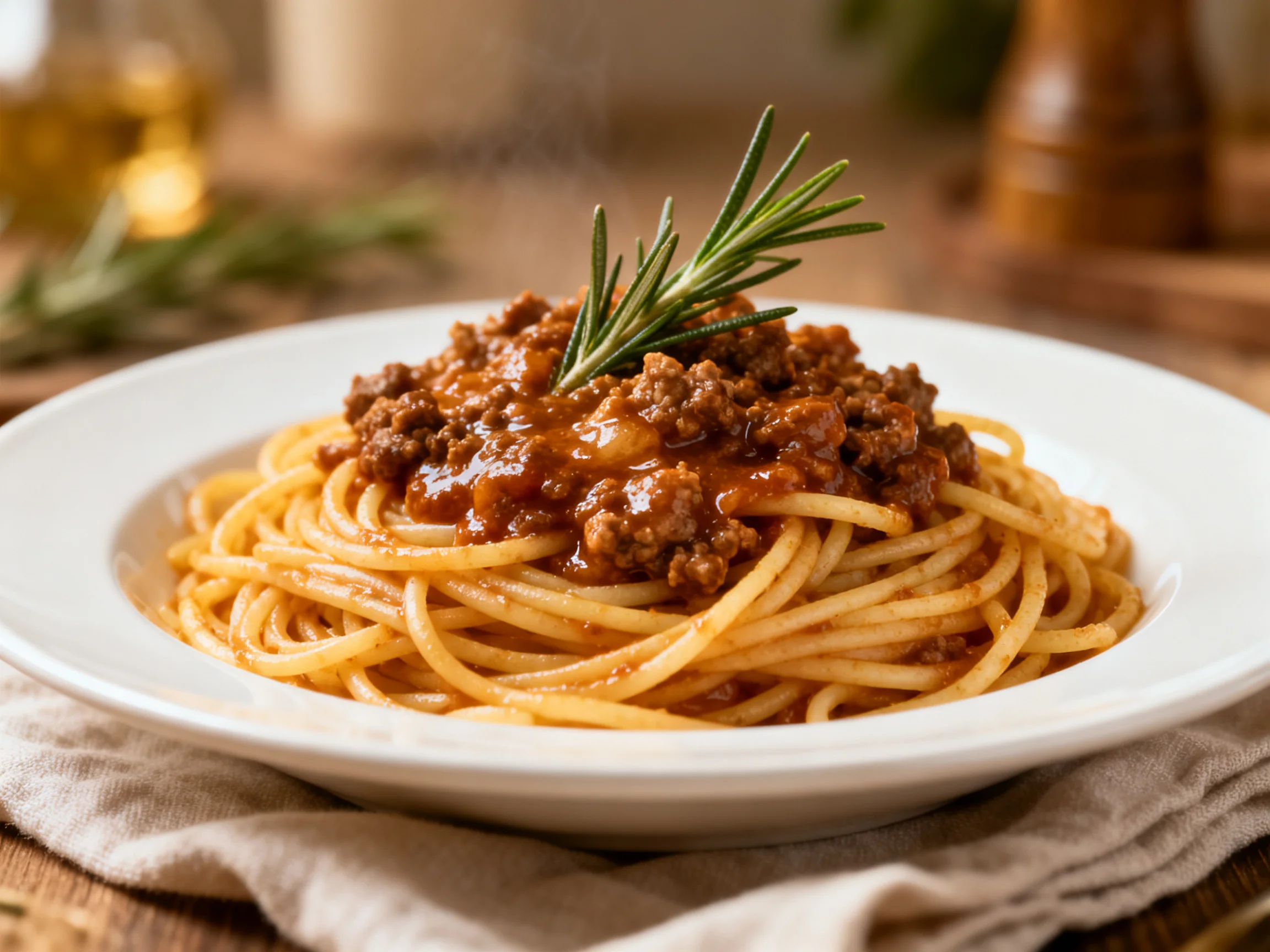 A plate of spaghetti Bolognese topped with fresh rosemary sprigs