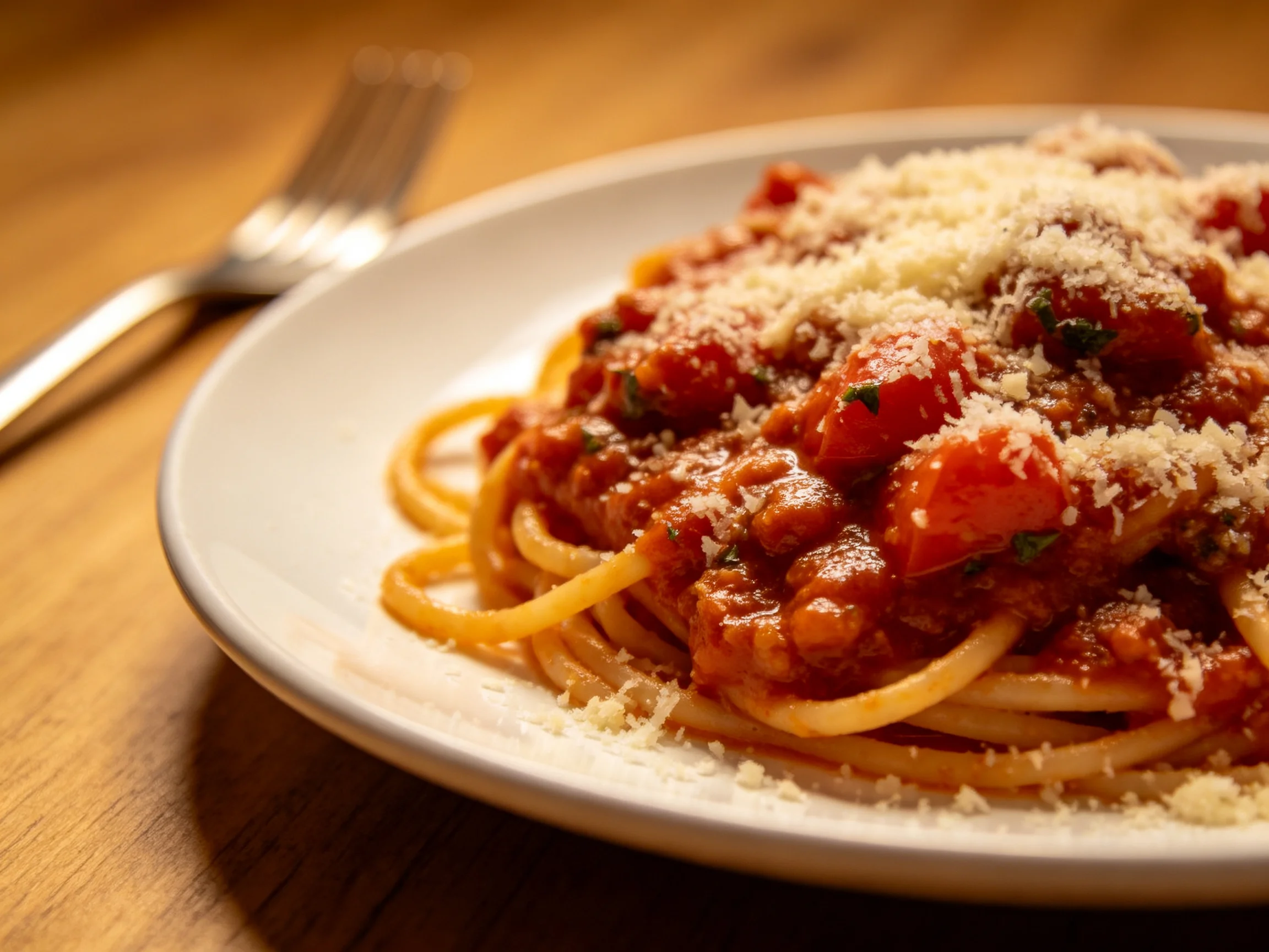 A plate of spaghetti Bolognese topped with grated cheese