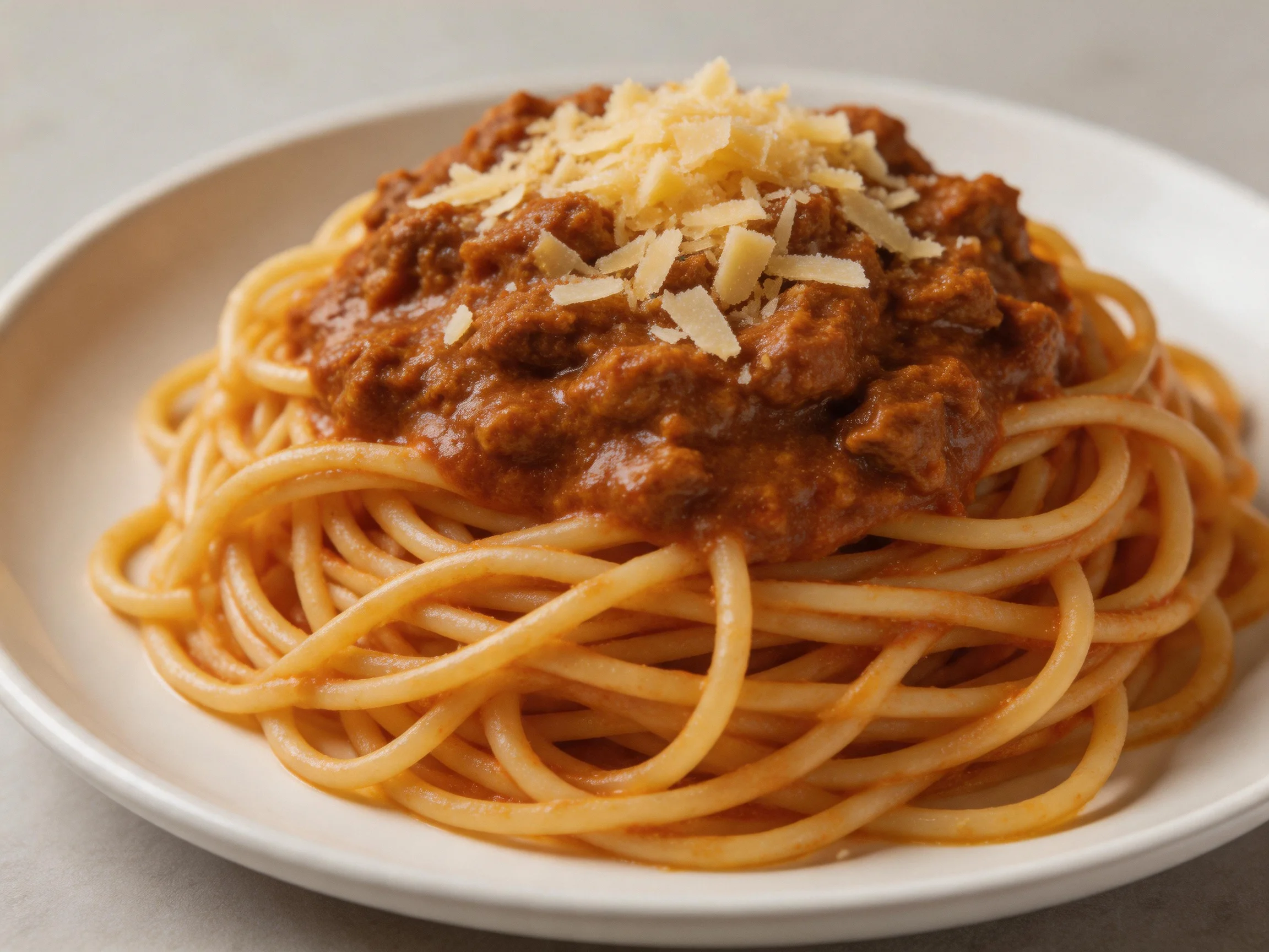 A plate of spaghetti topped with rich meat sauce and shredded cheese