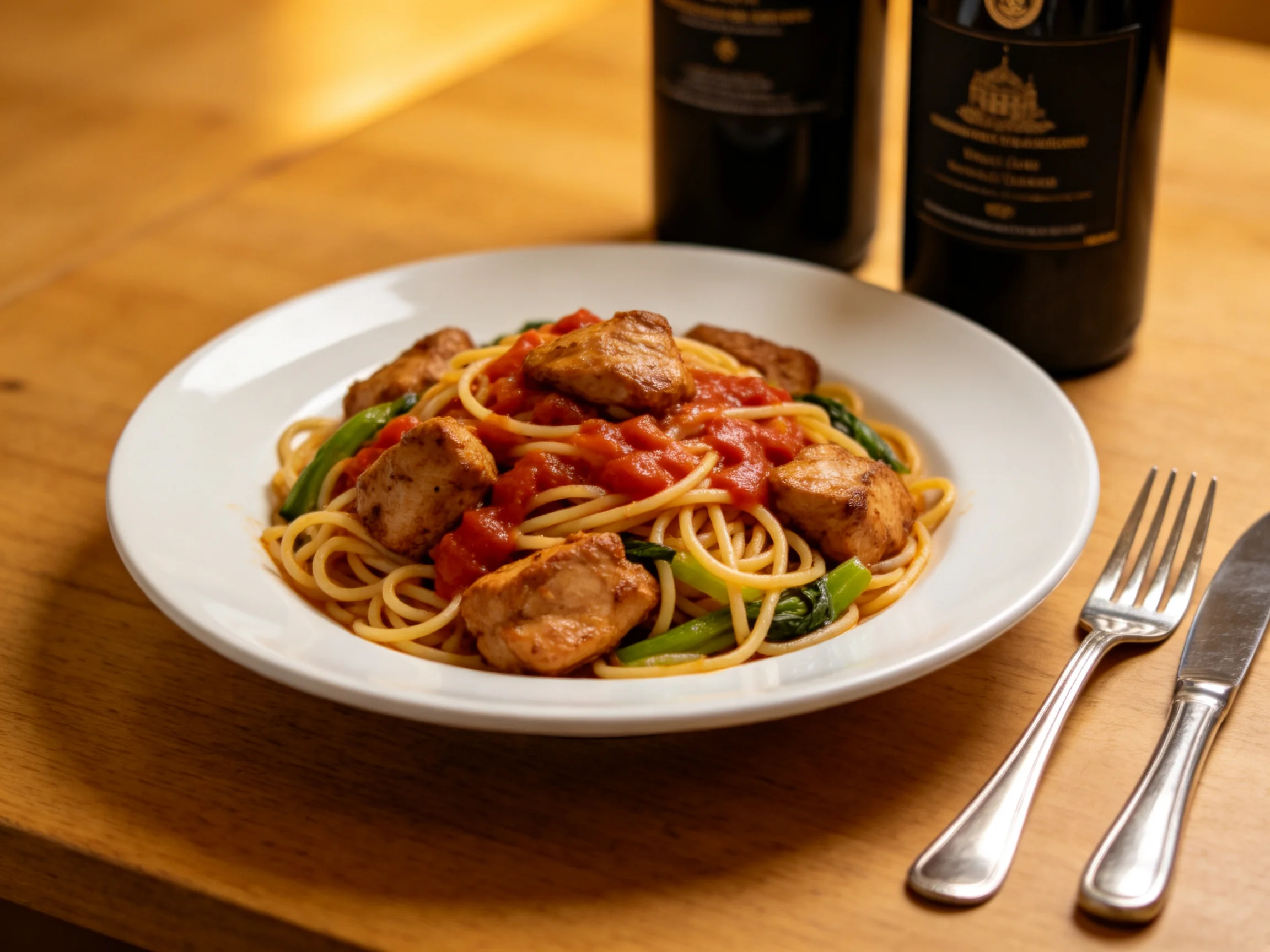 A plate of spaghetti with grilled chicken and tomato sauce