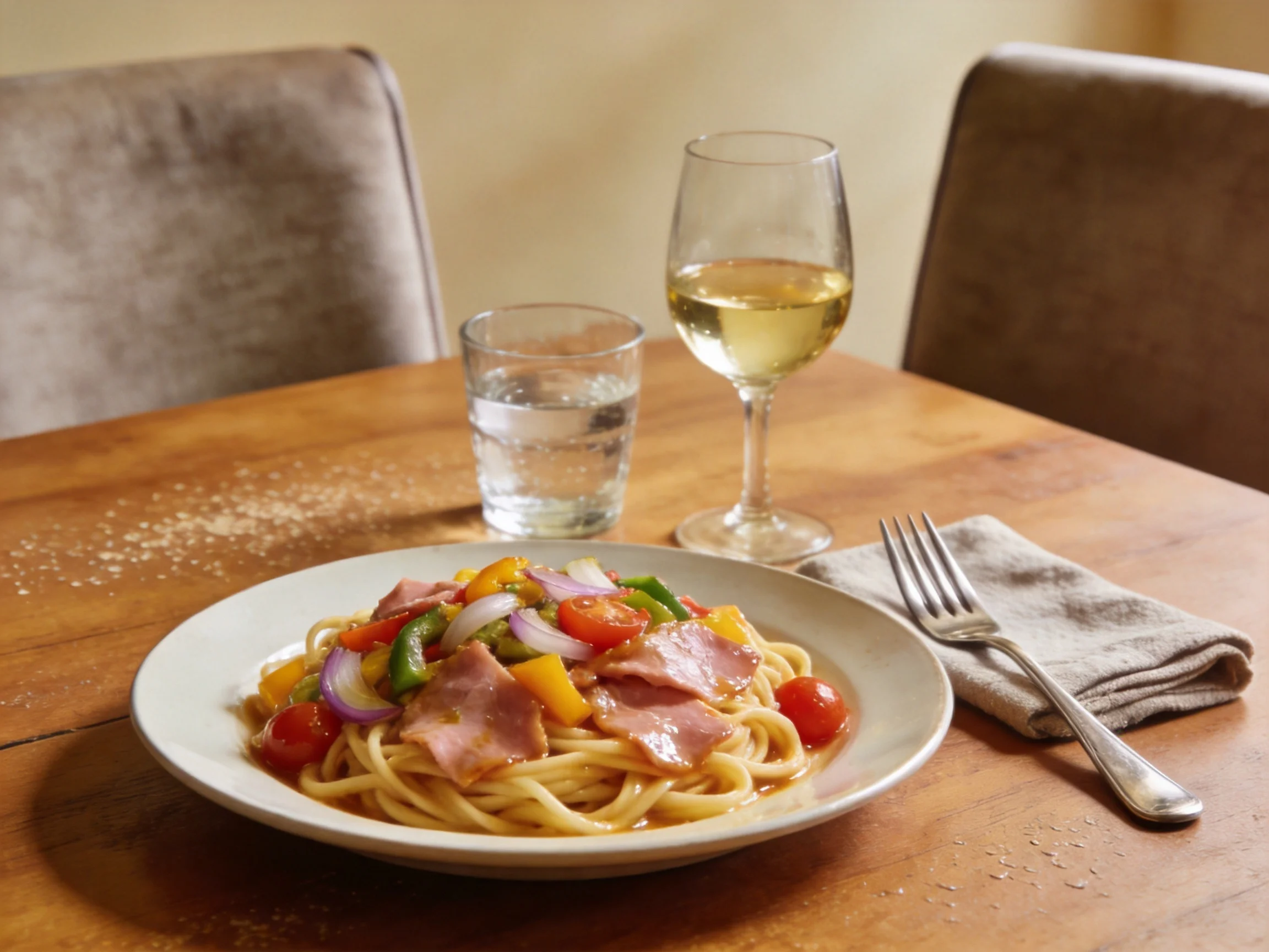 A plate of spaghetti with ham and veggies beside wine and water
