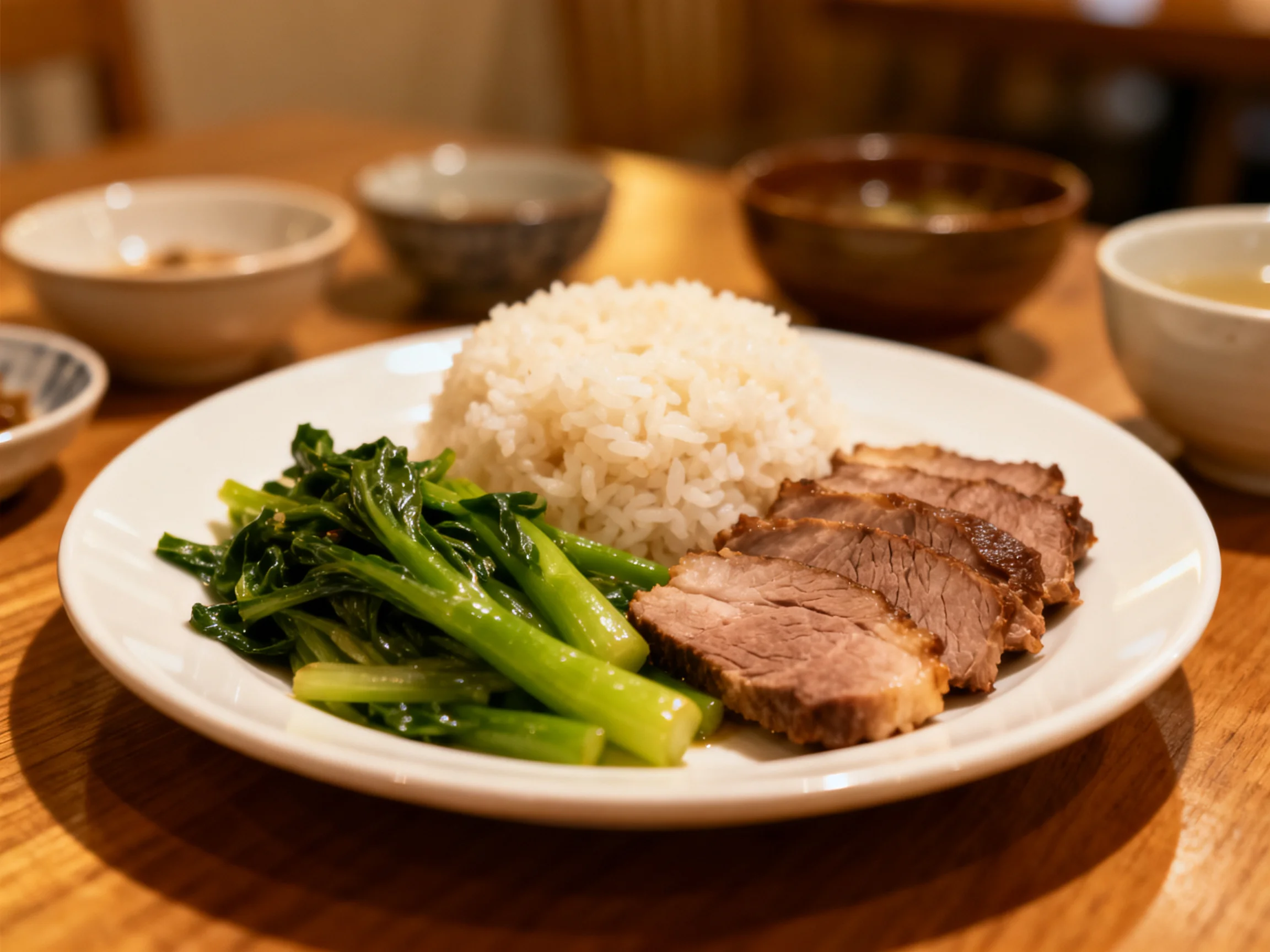 A plate of white rice, sliced meat, and green vegetables with small bowls