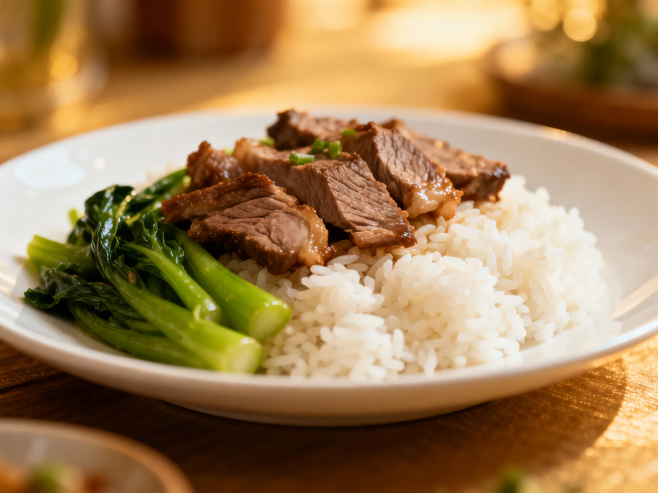 A plate of white rice with sliced beef and leafy greens