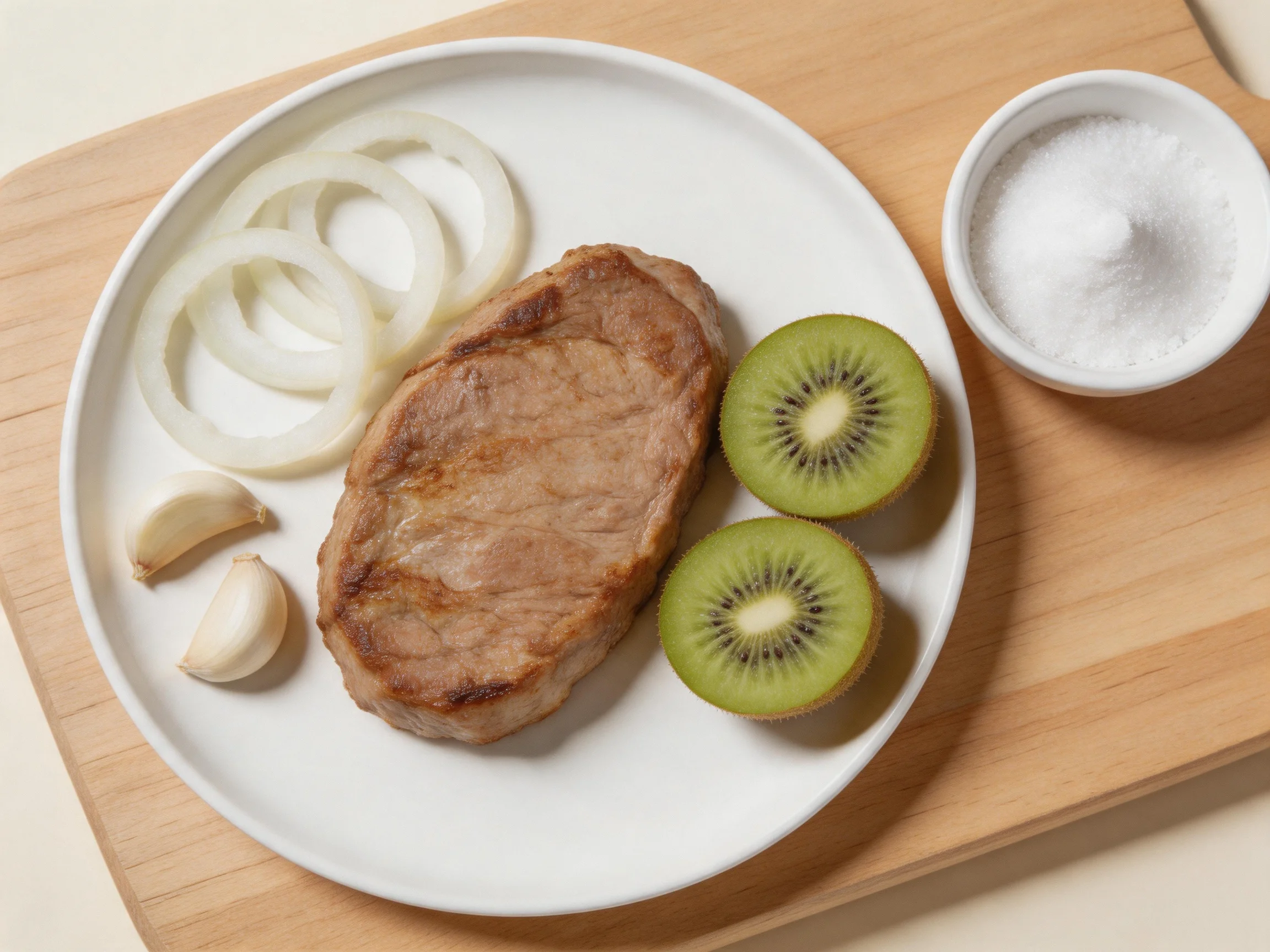 A plate with a cooked pork chop, onion rings, kiwi slices, garlic, and salt