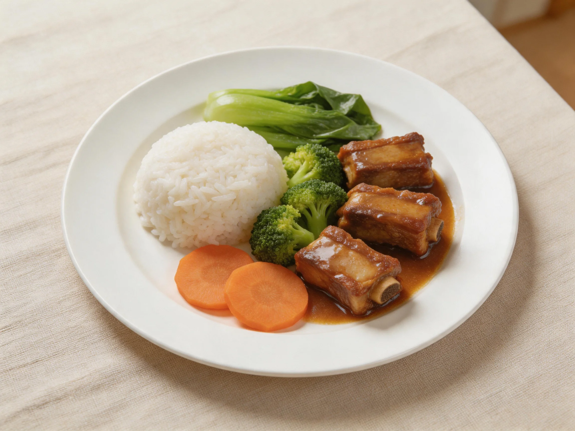 A plate with braised ribs, white rice, and colorful vegetables