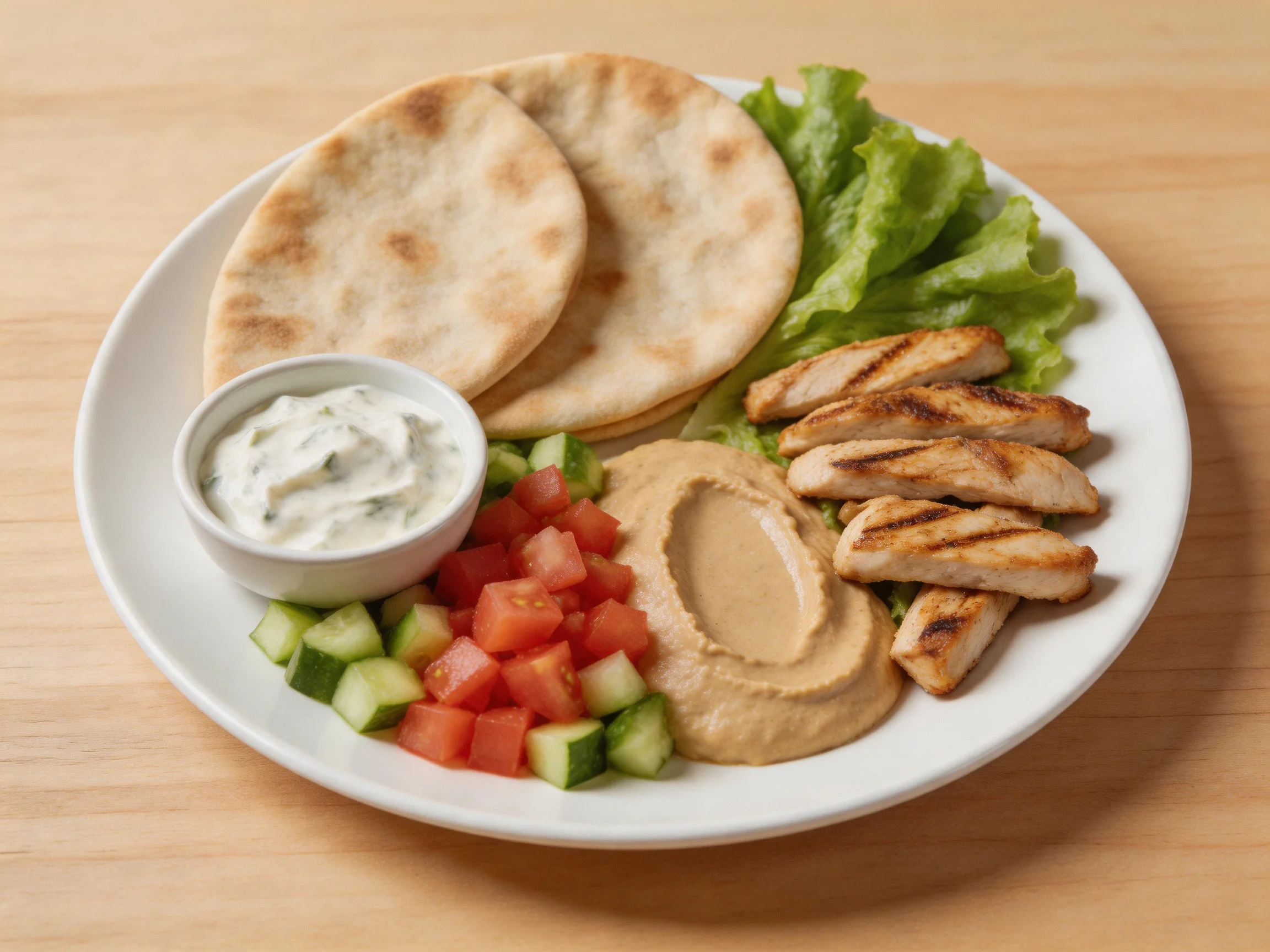 A plate with grilled chicken, pita breads, hummus, and fresh vegetables