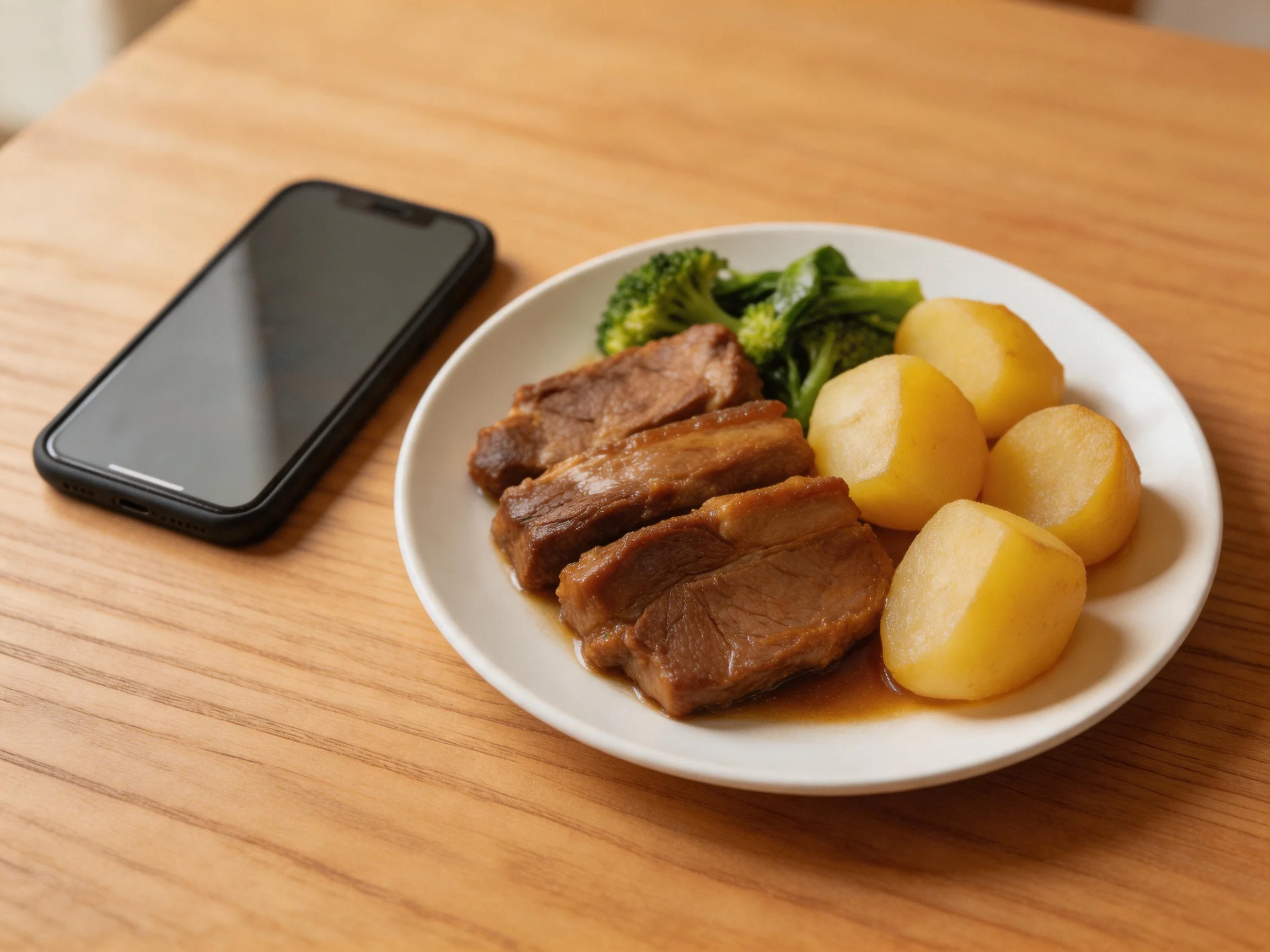 A plate with roasted meat, boiled potatoes, and broccoli near a black smartphone