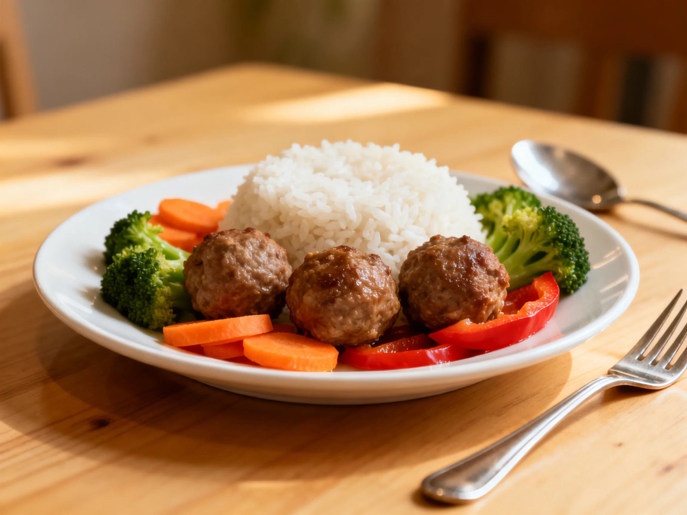 A plate with white rice, three meatballs, and fresh vegetables