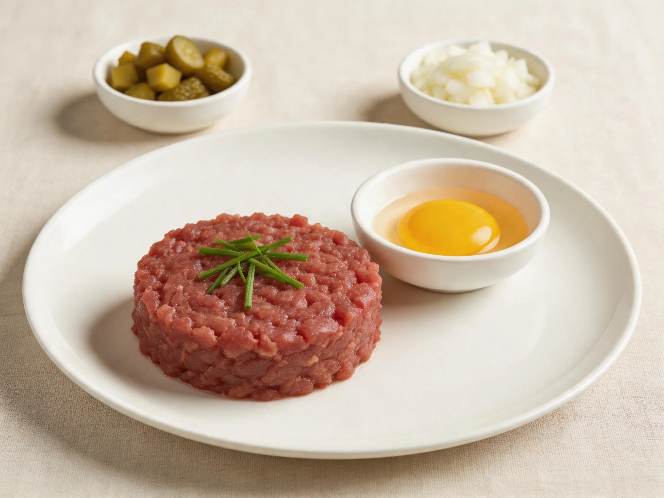 A plated beef tartare with egg yolk, pickles, and onions