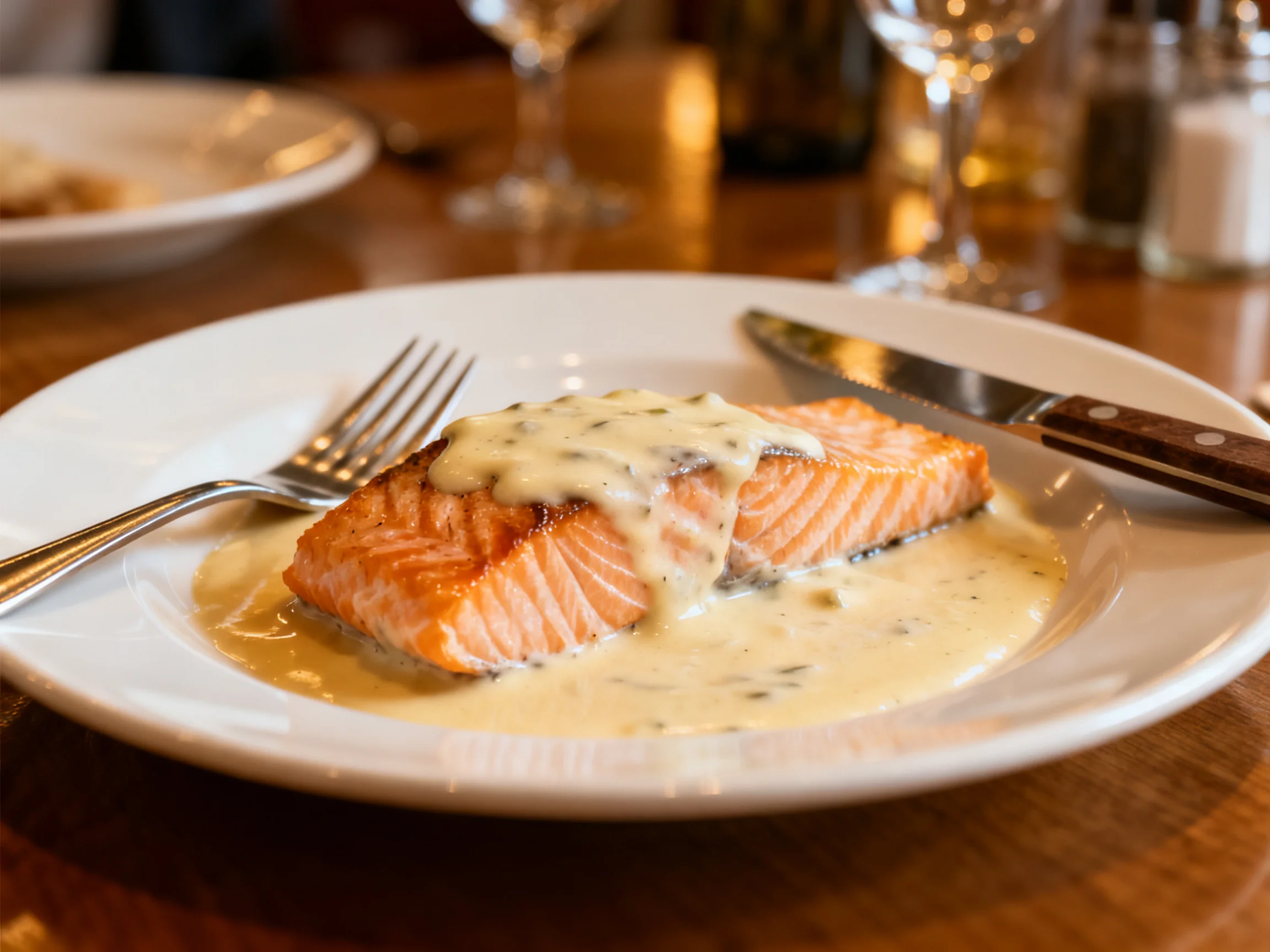 A plated cooked salmon fillet with creamy herb sauce