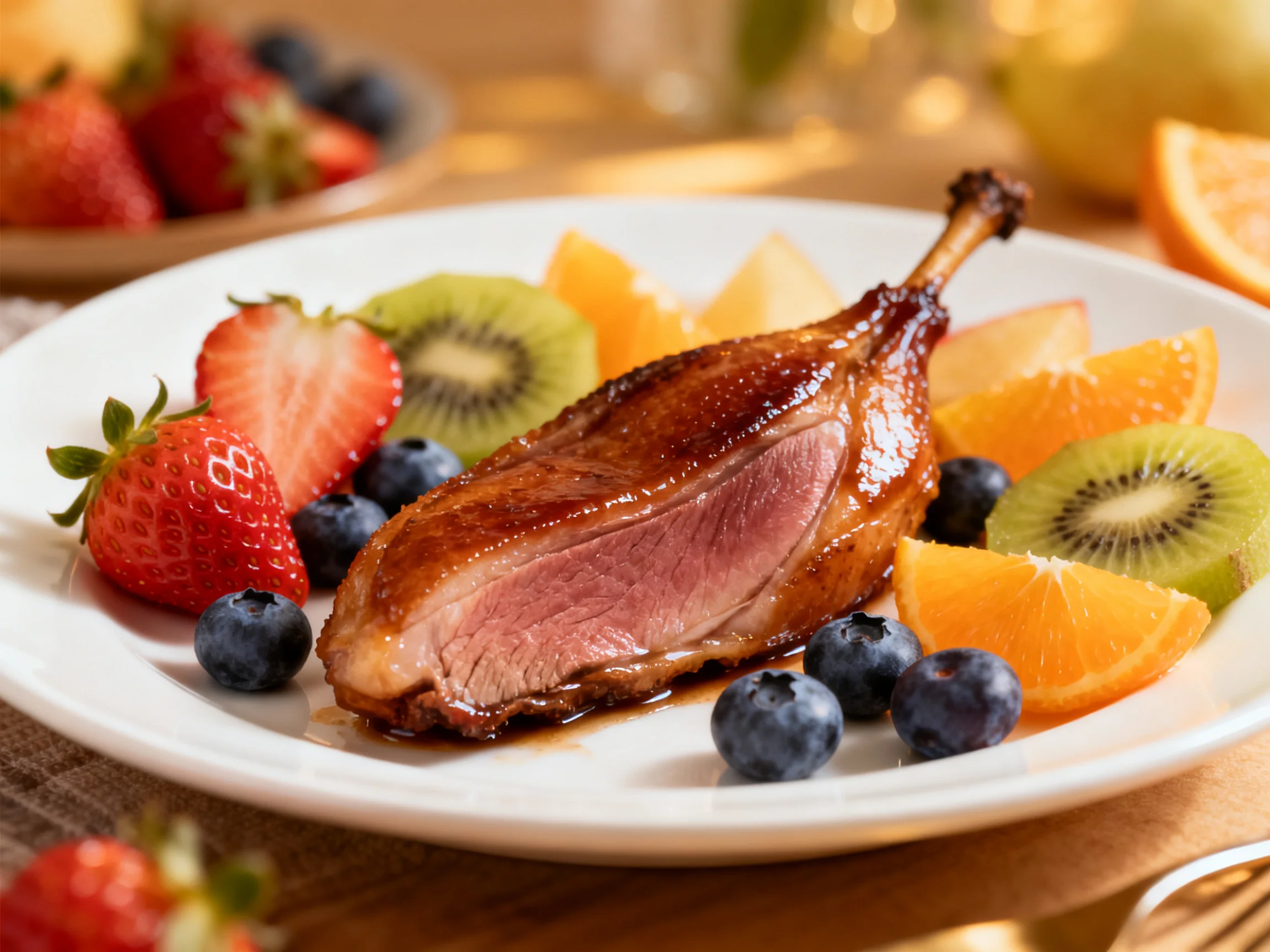 A plated duck leg served with assorted fresh fruit slices