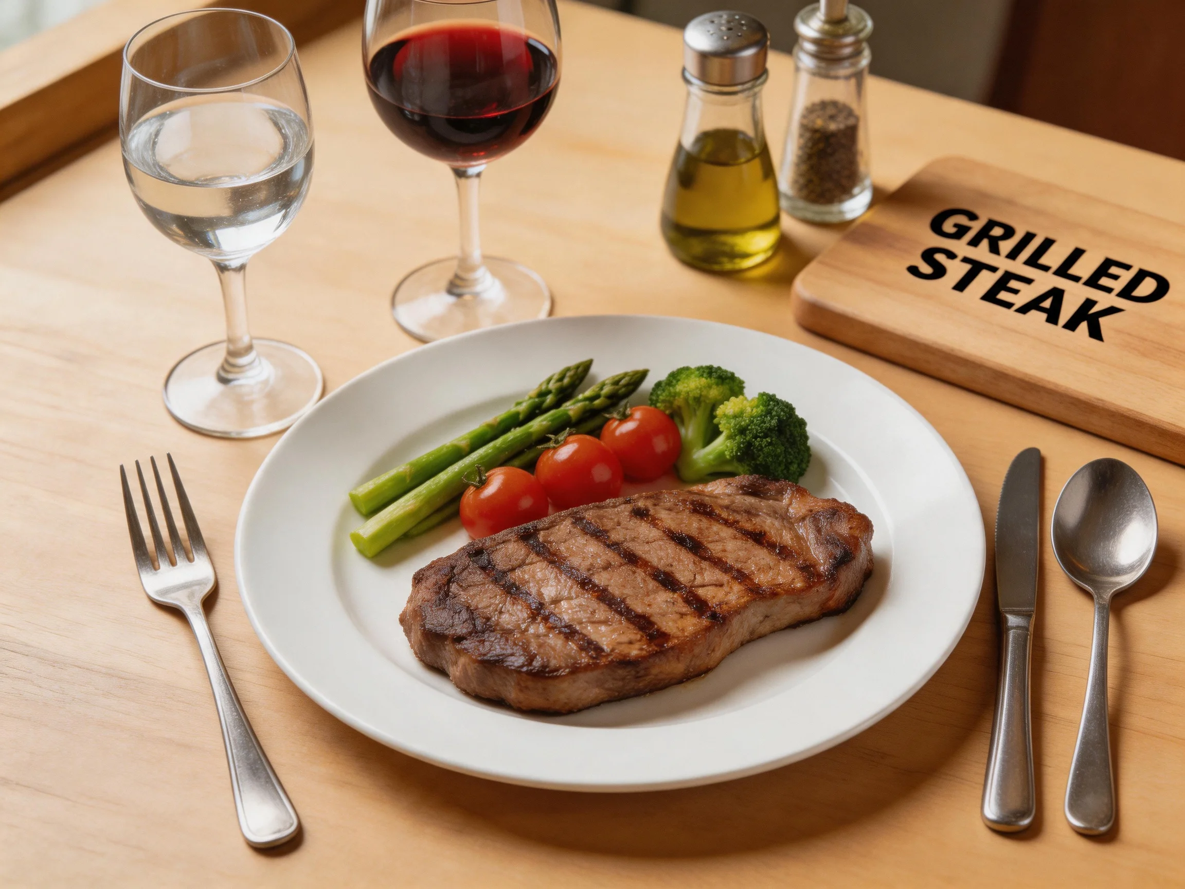 A plated grilled steak dinner with vegetables, wine, and water