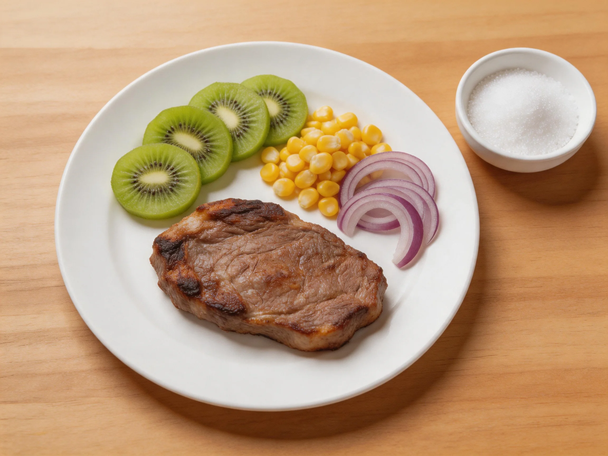 A plated grilled steak with kiwi slices, corn, and onion