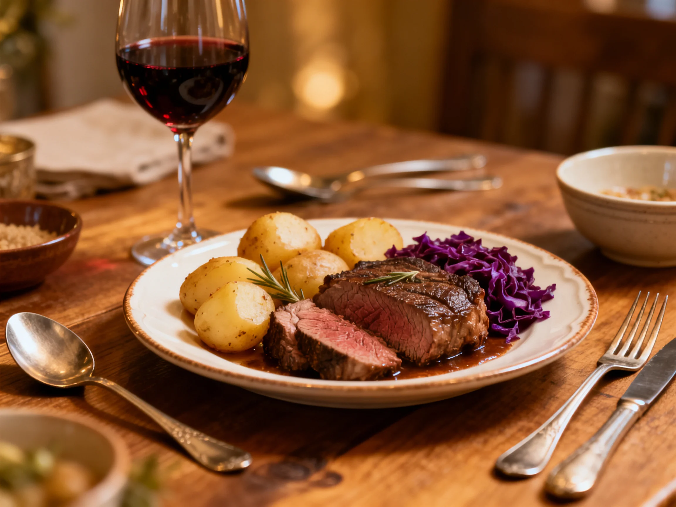 A plated meal of steak, potatoes, and cabbage with red wine on a wooden table
