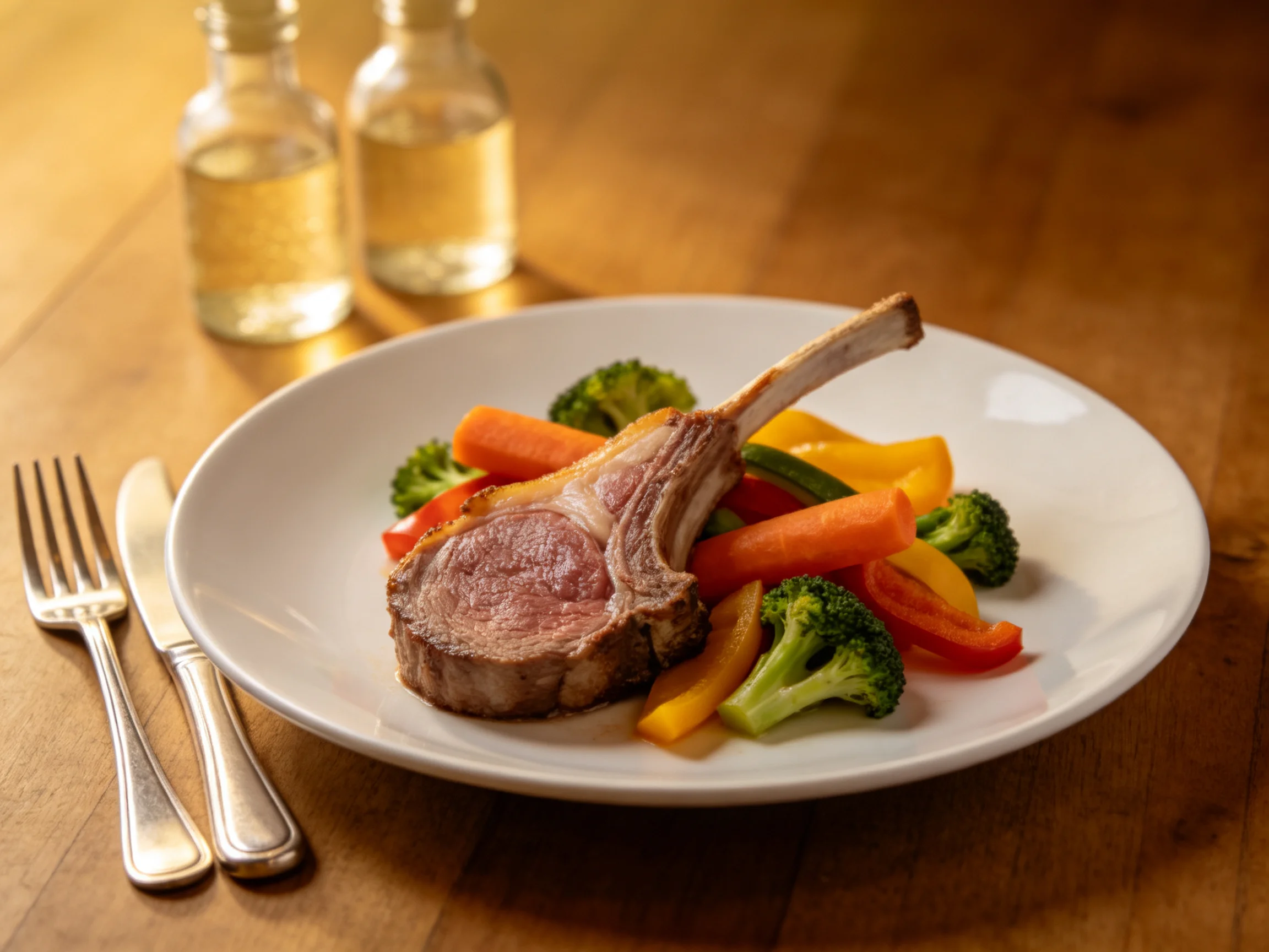 A plated rack of lamb with colorful mixed vegetables and silverware