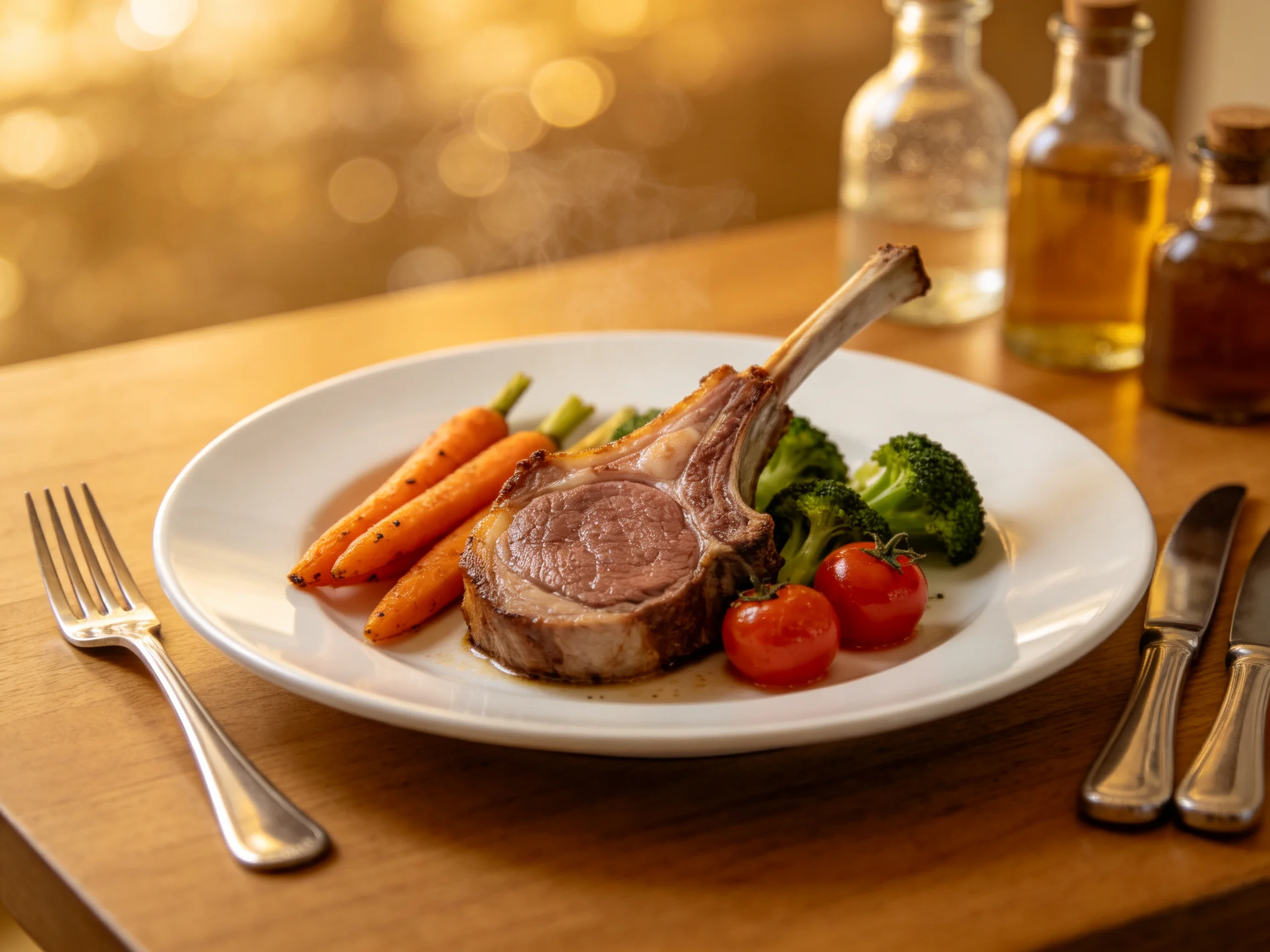 A plated rack of lamb with roasted carrots, broccoli, and tomatoes on white plate