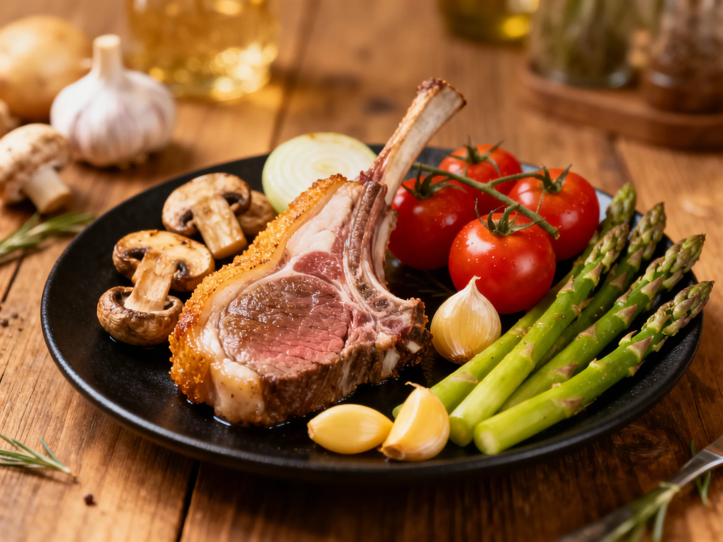 A plated rack of lamb with roasted veggies and herbs
