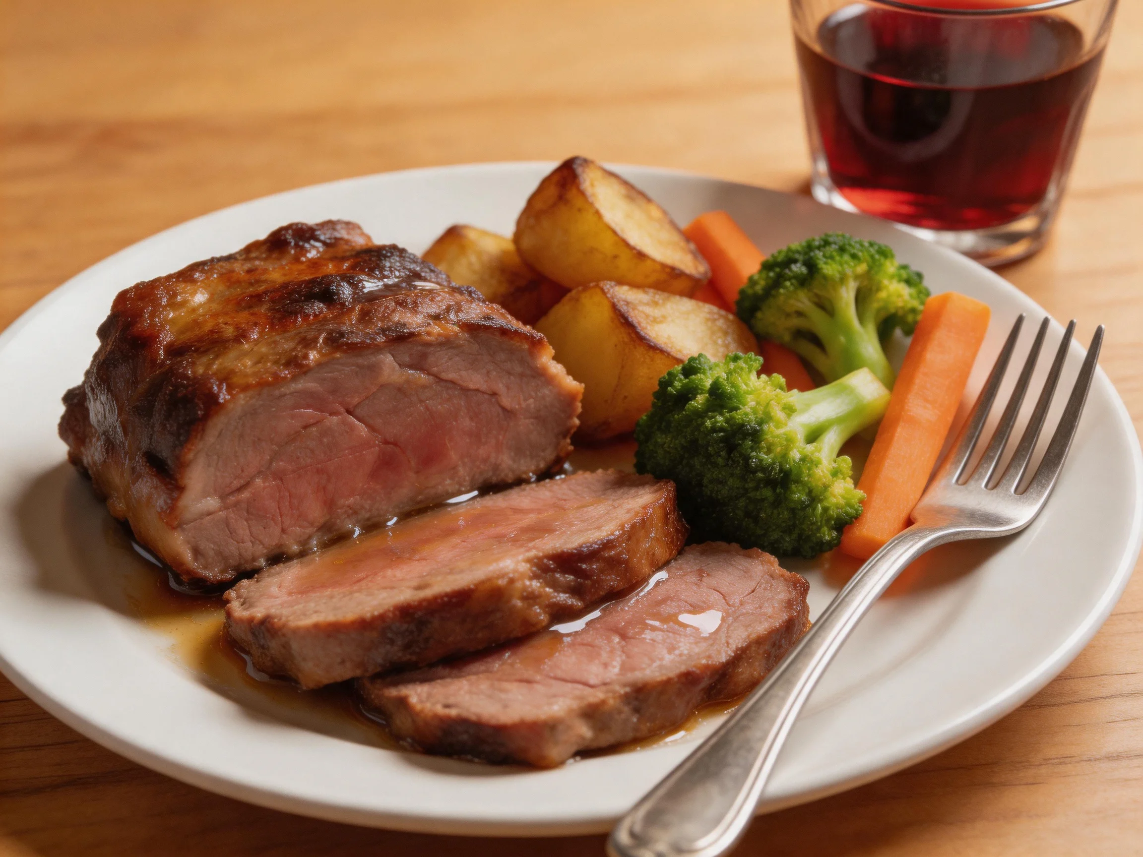 A plated roast beef dinner with vegetables and wine