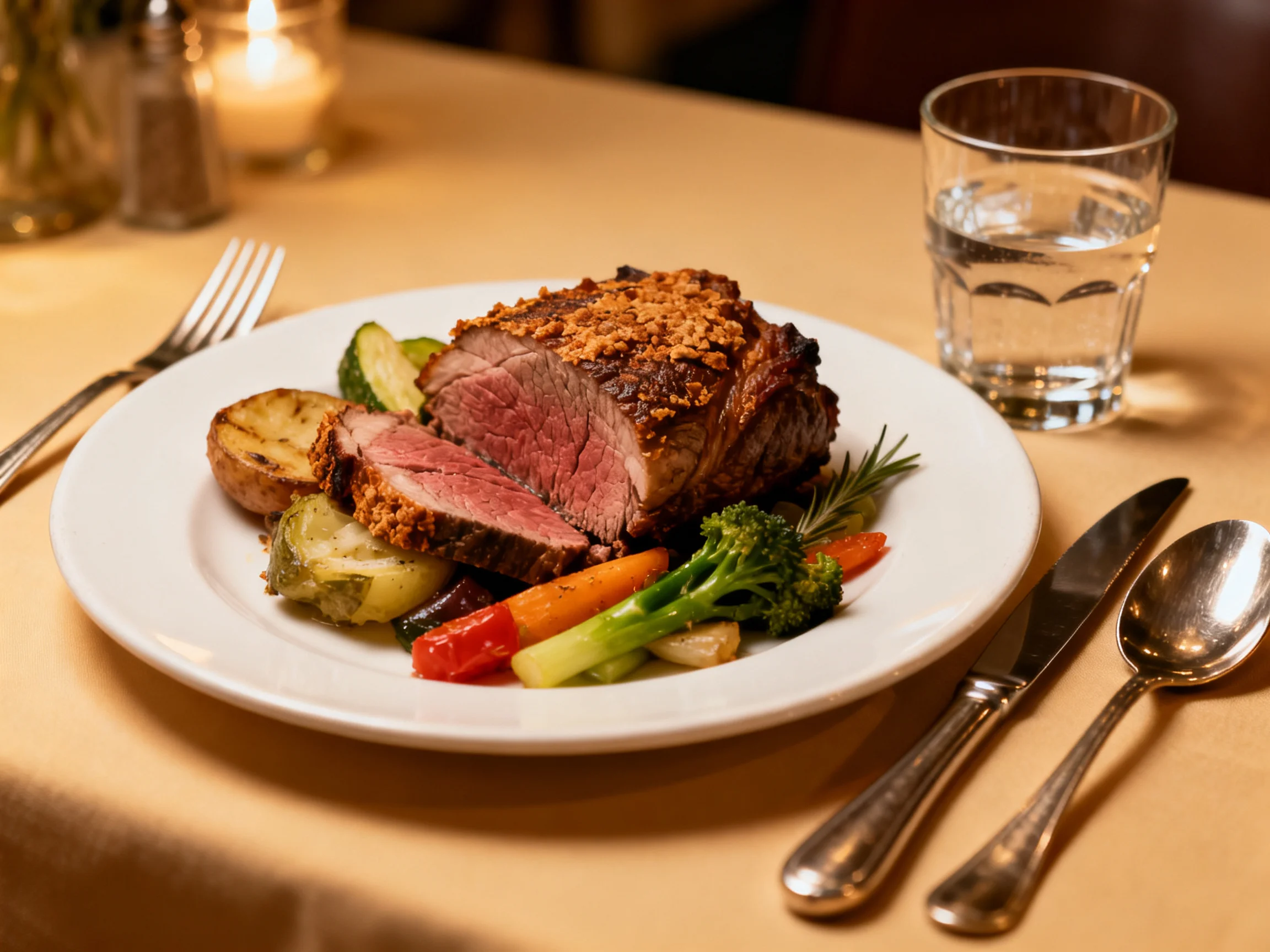 A plated roast beef dish with mixed vegetables and water