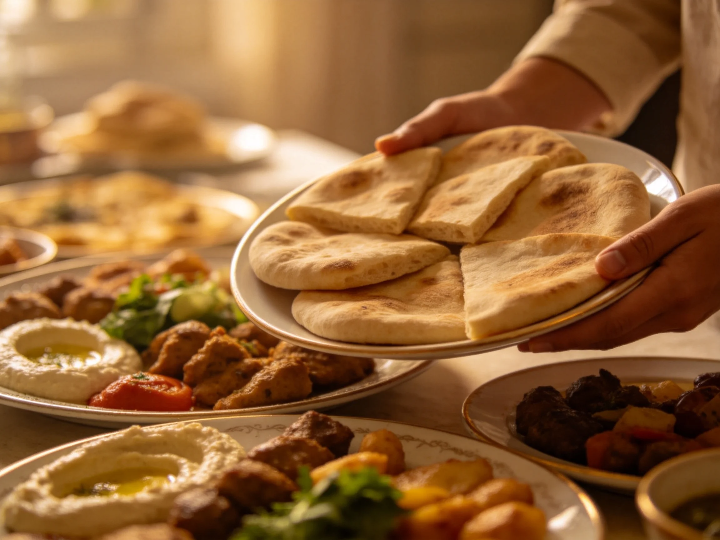 A platter of assorted Middle Eastern foods with golden flatbreads
