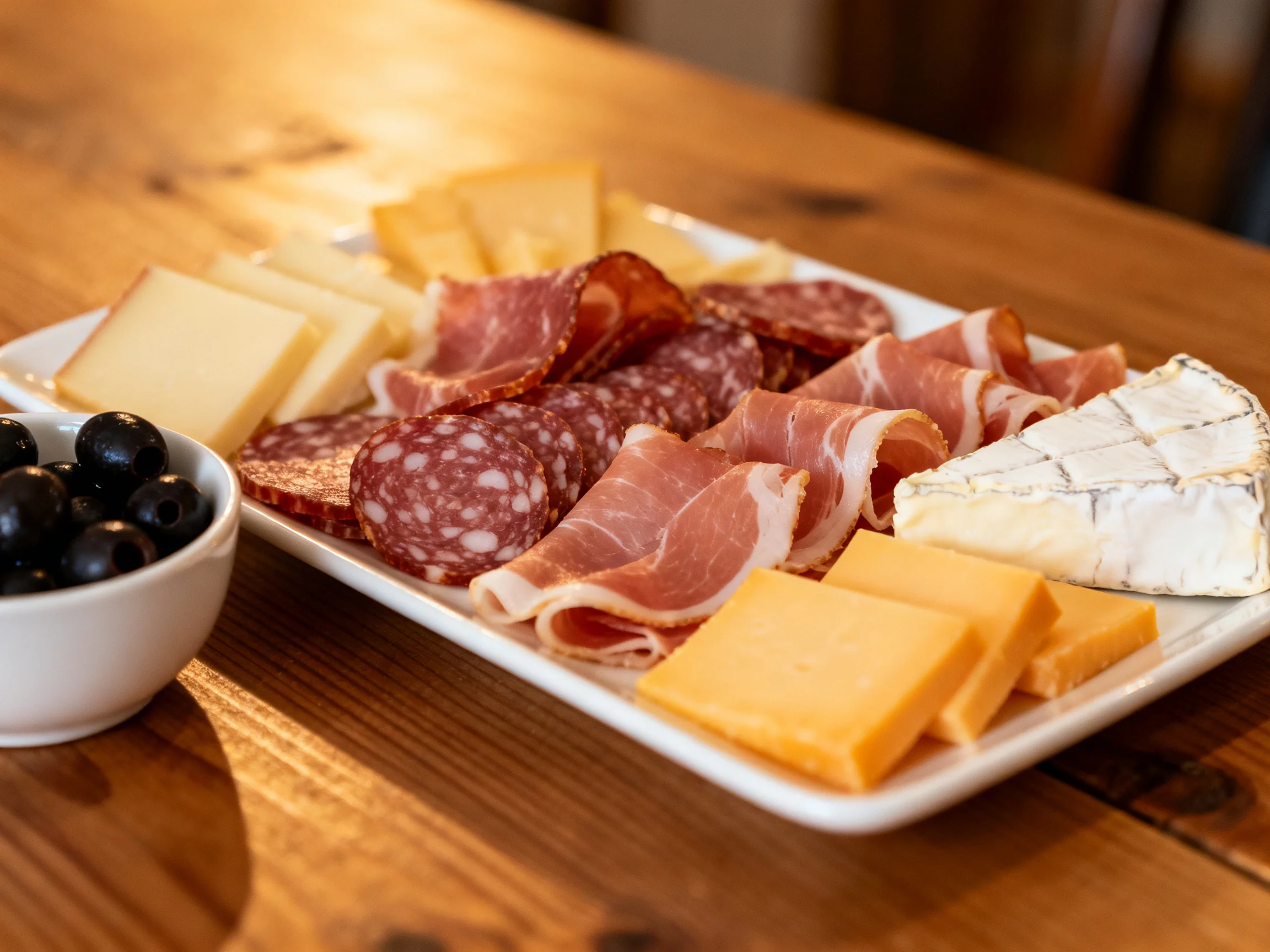 A platter of assorted cheeses, cured meats, and black olives