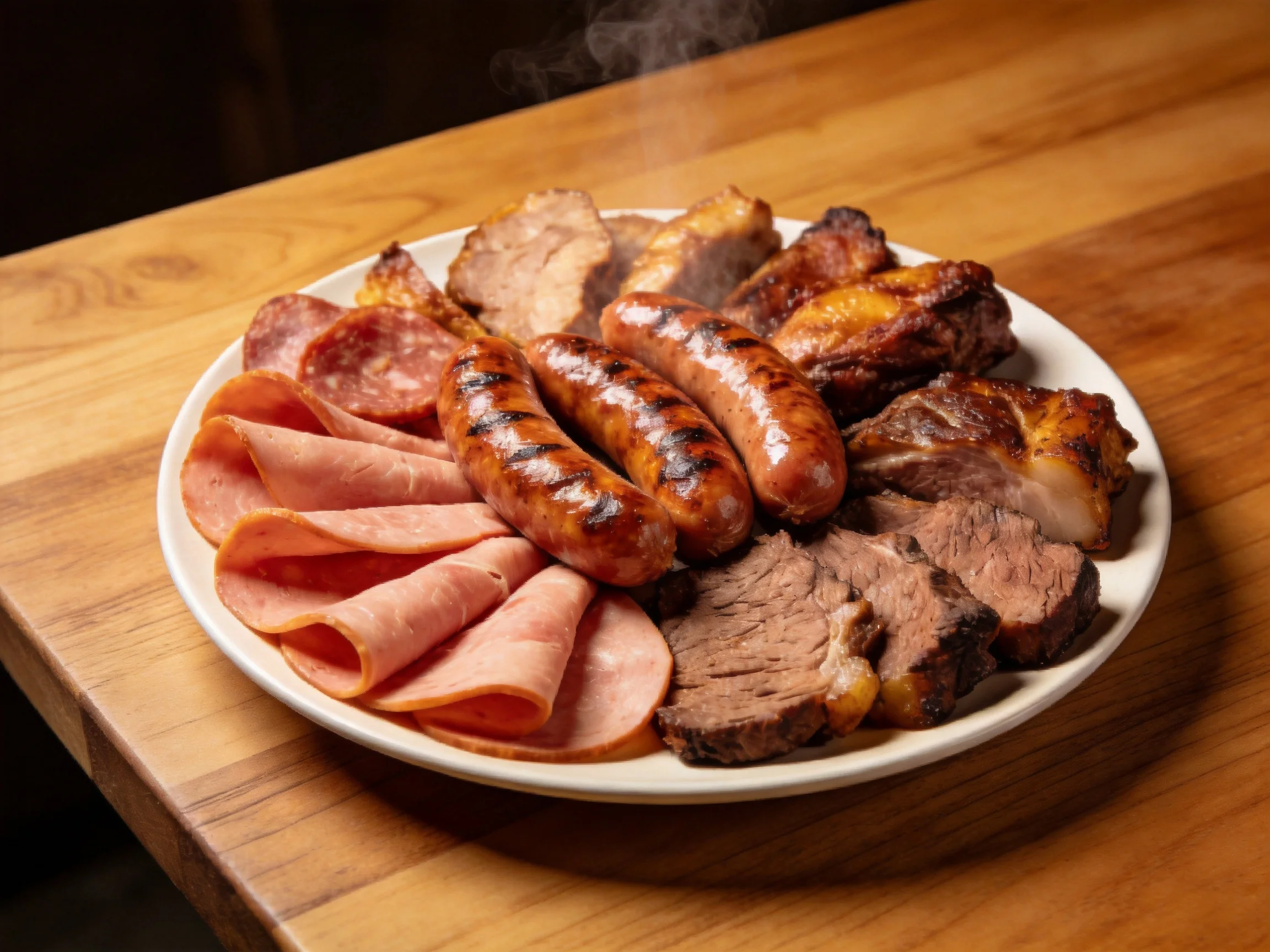 A platter of assorted grilled and sliced meats on a wooden surface