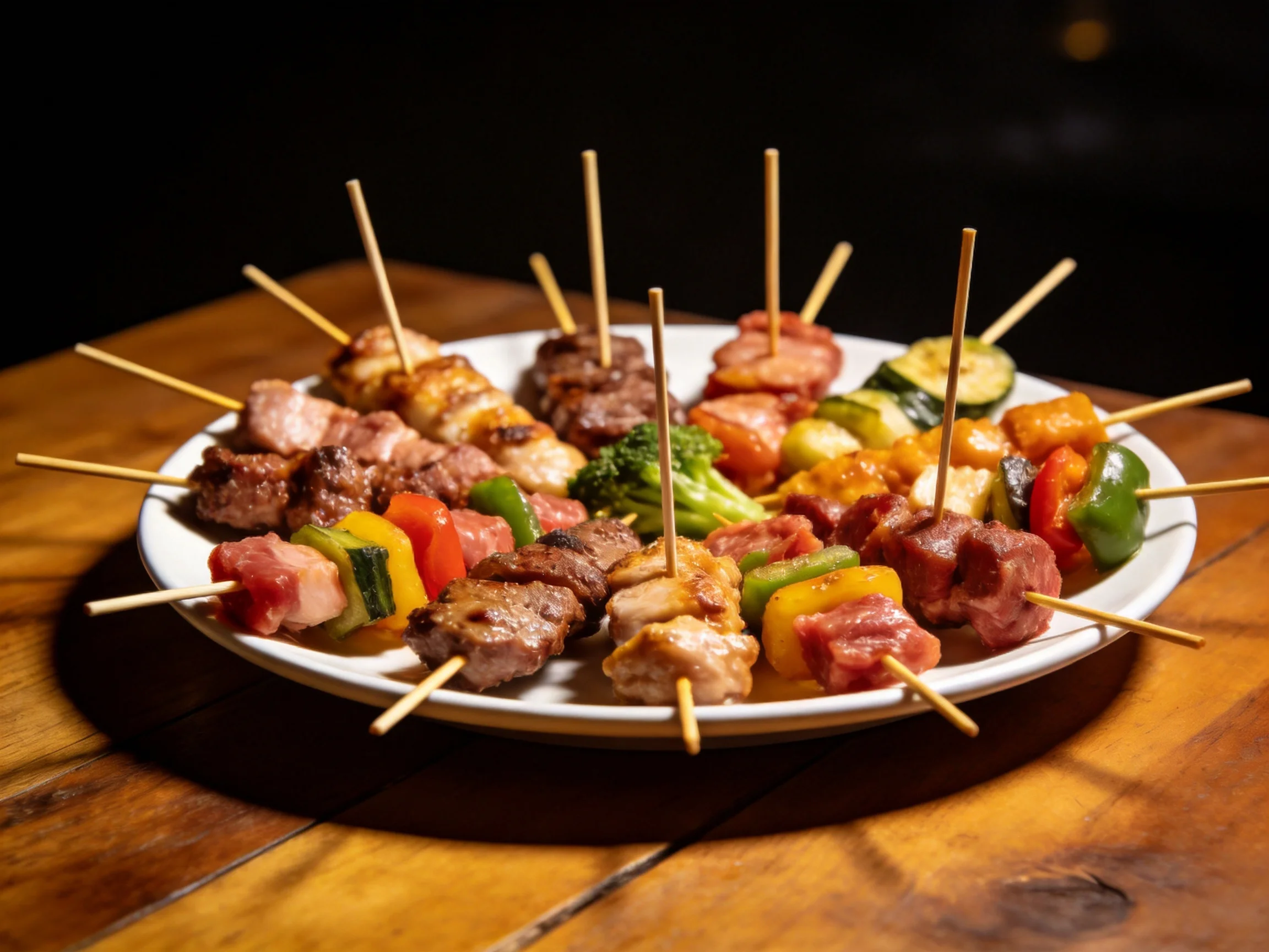 A platter of colorful grilled skewers with meats and vegetables