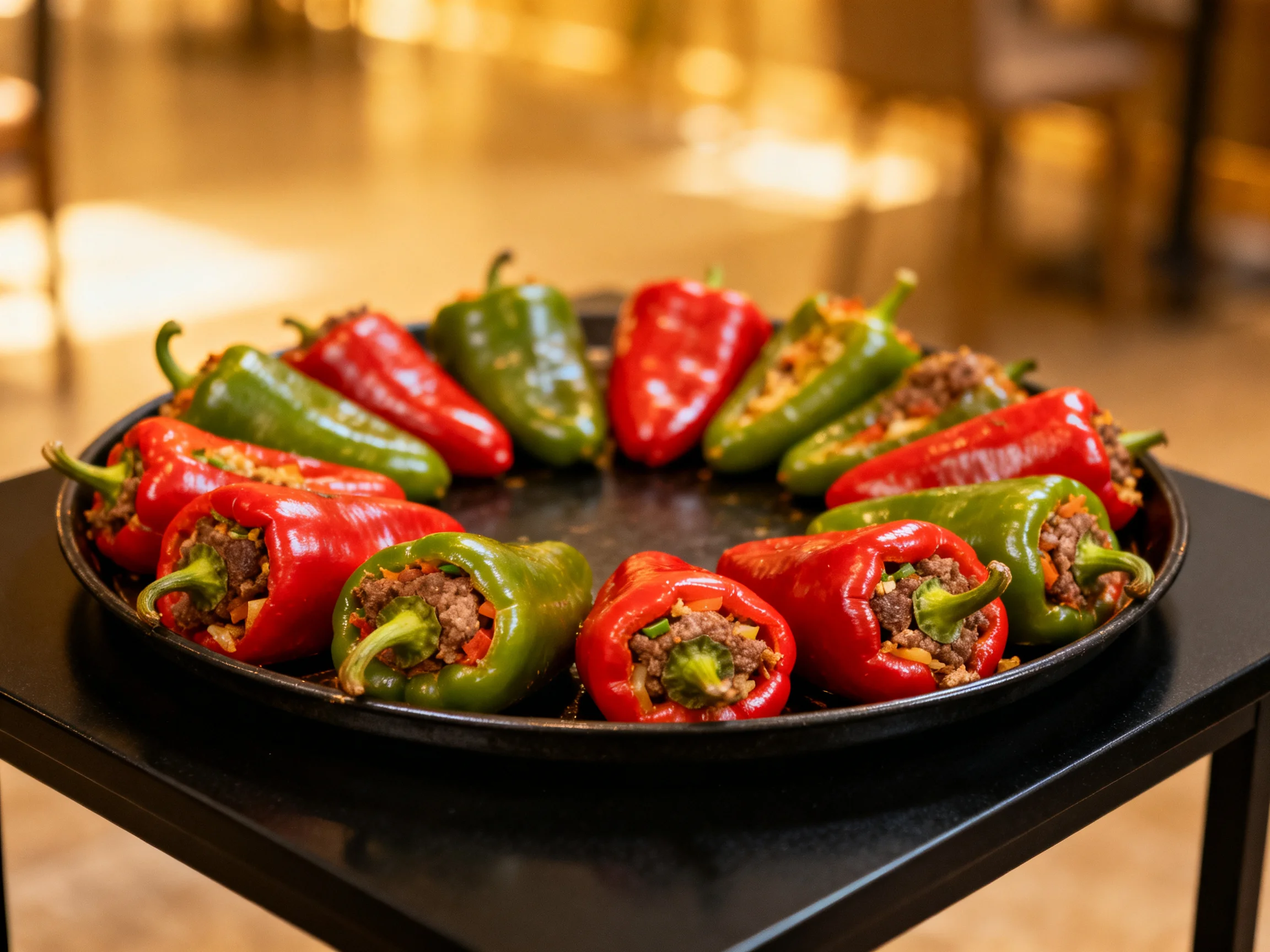 A platter of colorful stuffed bell peppers in red and green hues