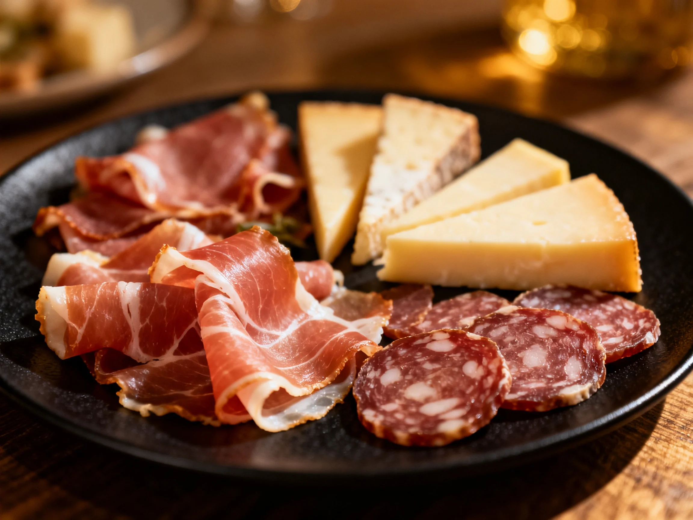 A platter of cured meats and assorted cheeses on a dark plate