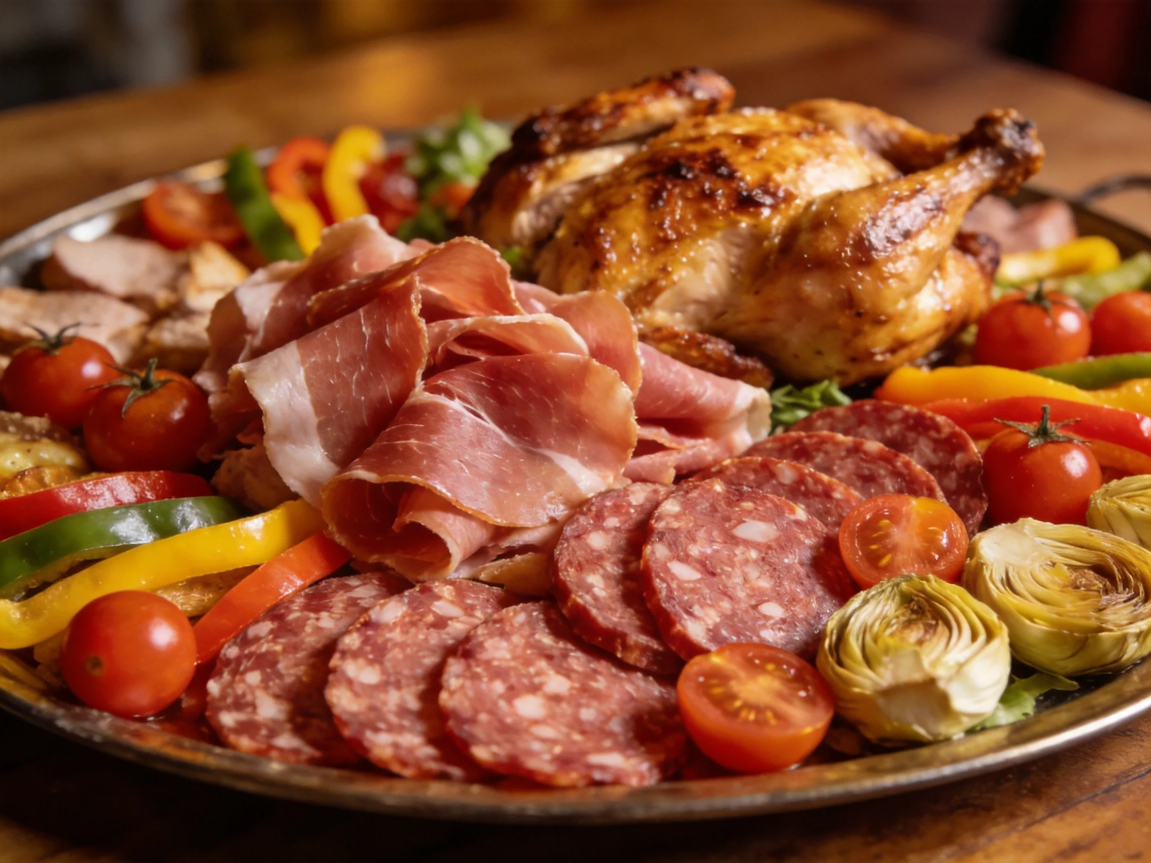 A platter of roasted chicken, cured meats, and vibrant vegetables
