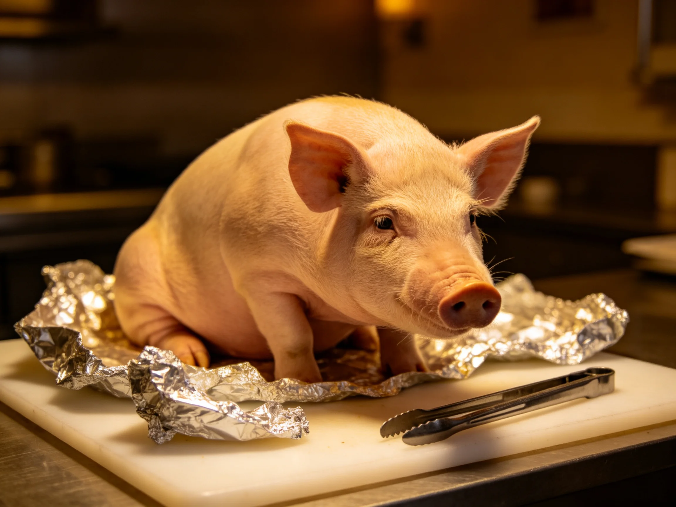 A plump pink pig sits on crumpled aluminum foil in a dimly lit kitchen