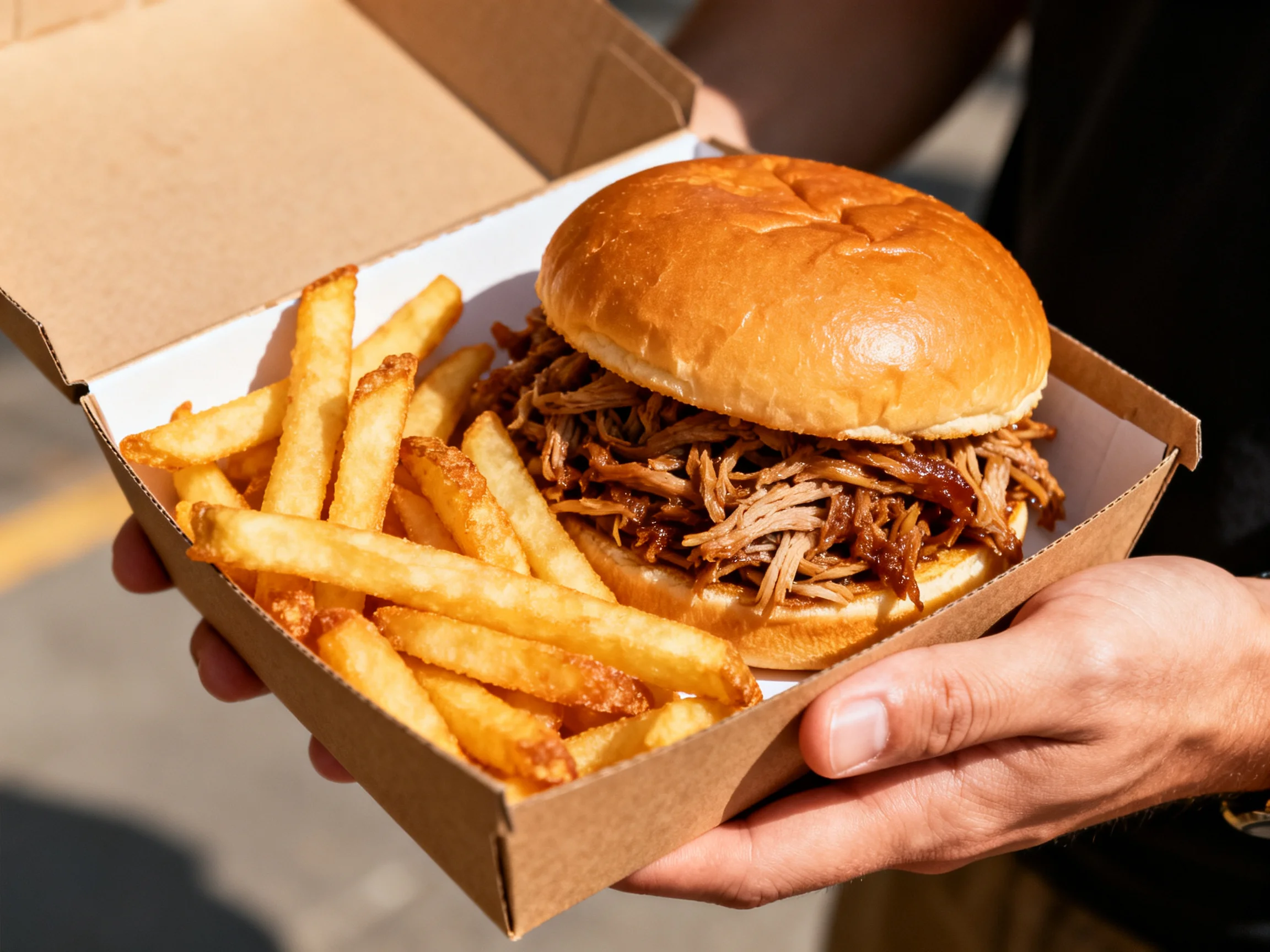A pulled pork sandwich and golden fries in an open cardboard container