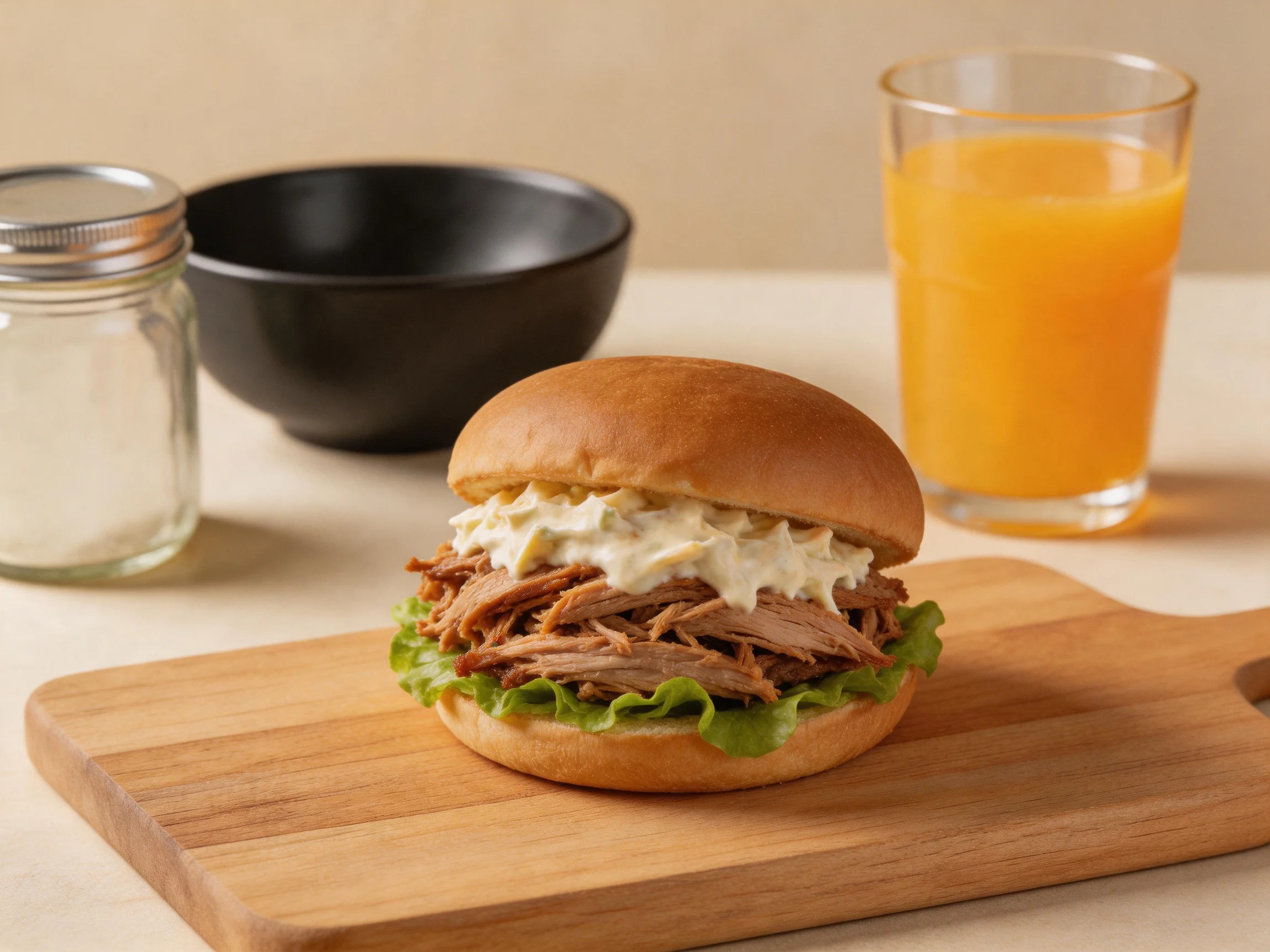 A pulled pork sandwich with coleslaw on a wooden board near orange juice