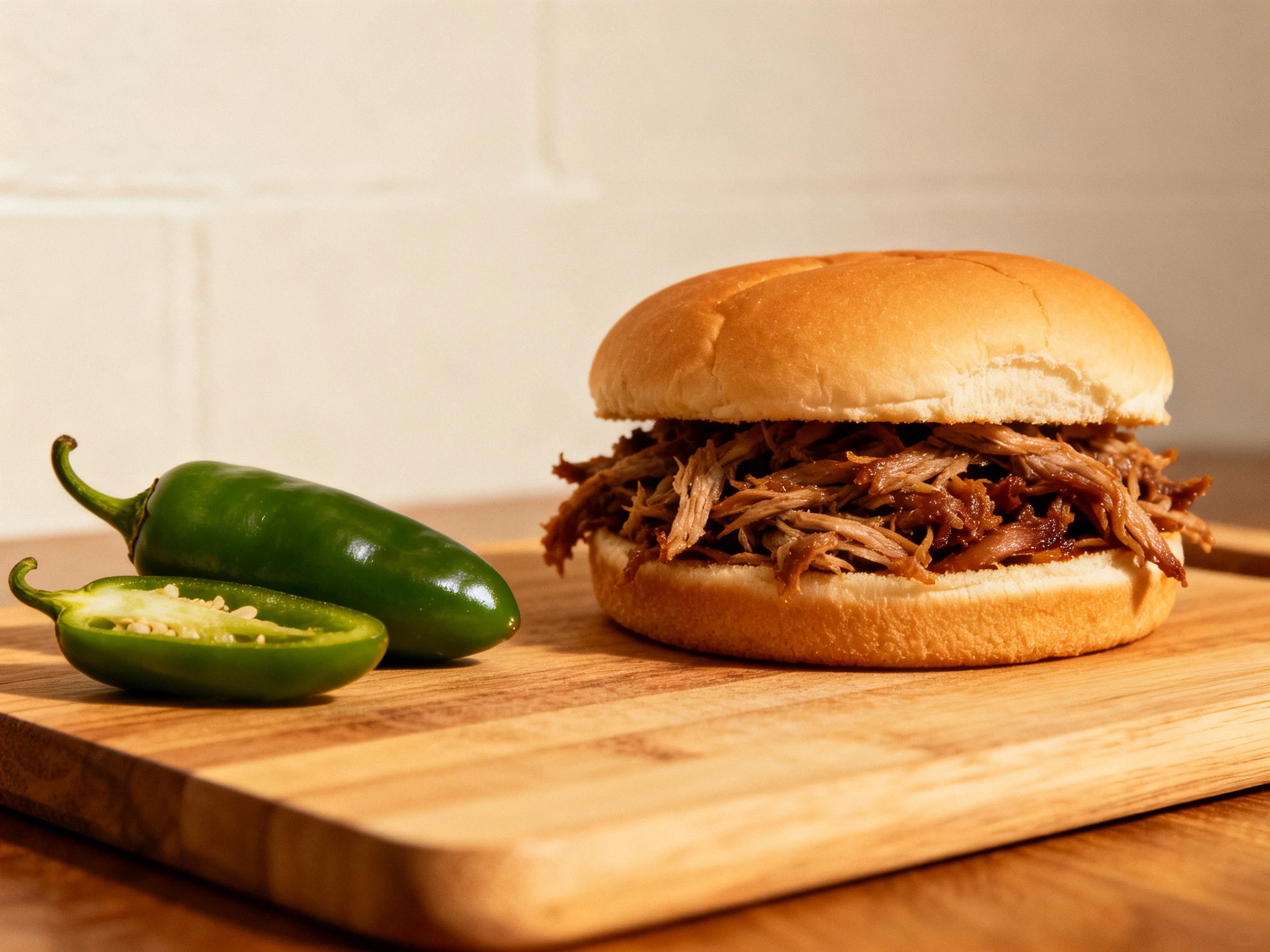 A pulled pork sandwich with green jalapenos on a wooden cutting board